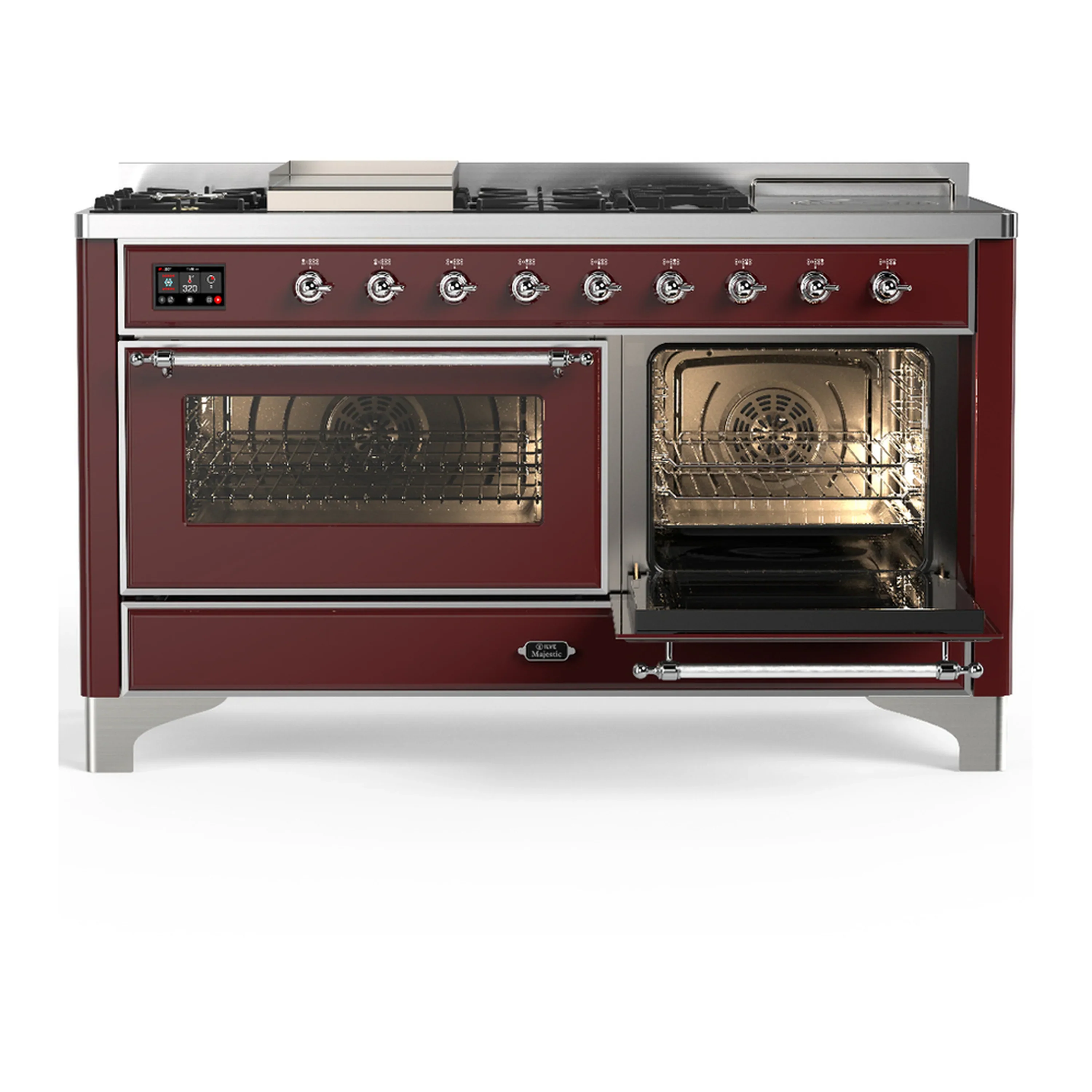 ILVE Majestic III 60-inch Dual Fuel Range with 7 Natural Gas Burner, Griddle, French Top and Triple Glass Door Electric Oven in Burgundy with Chrome Trim (UM60FSNR3BUC) - Image 4