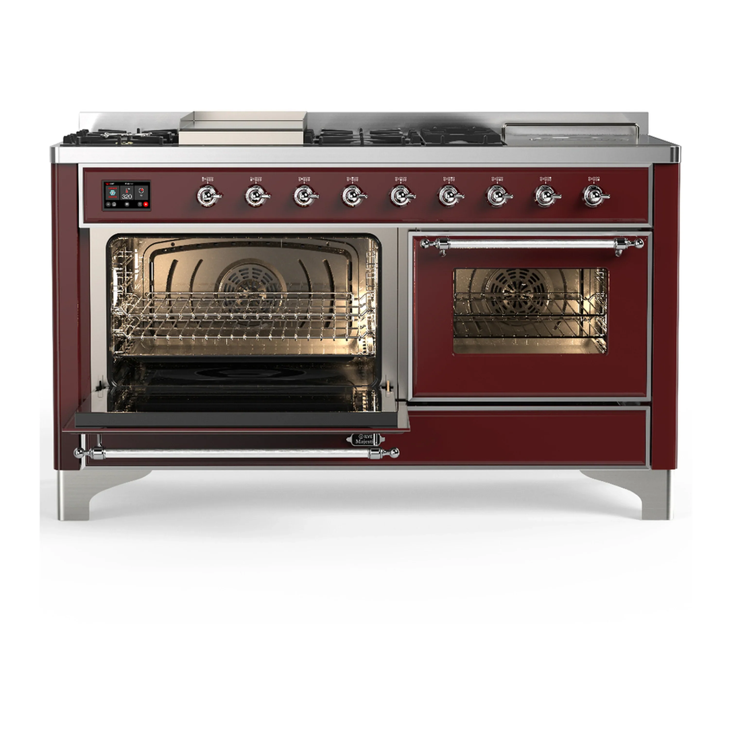 ILVE Majestic III 60-inch Dual Fuel Range with 7 Natural Gas Burner, Griddle, French Top and Triple Glass Door Electric Oven in Burgundy with Chrome Trim (UM60FSNR3BUC) - Image 5