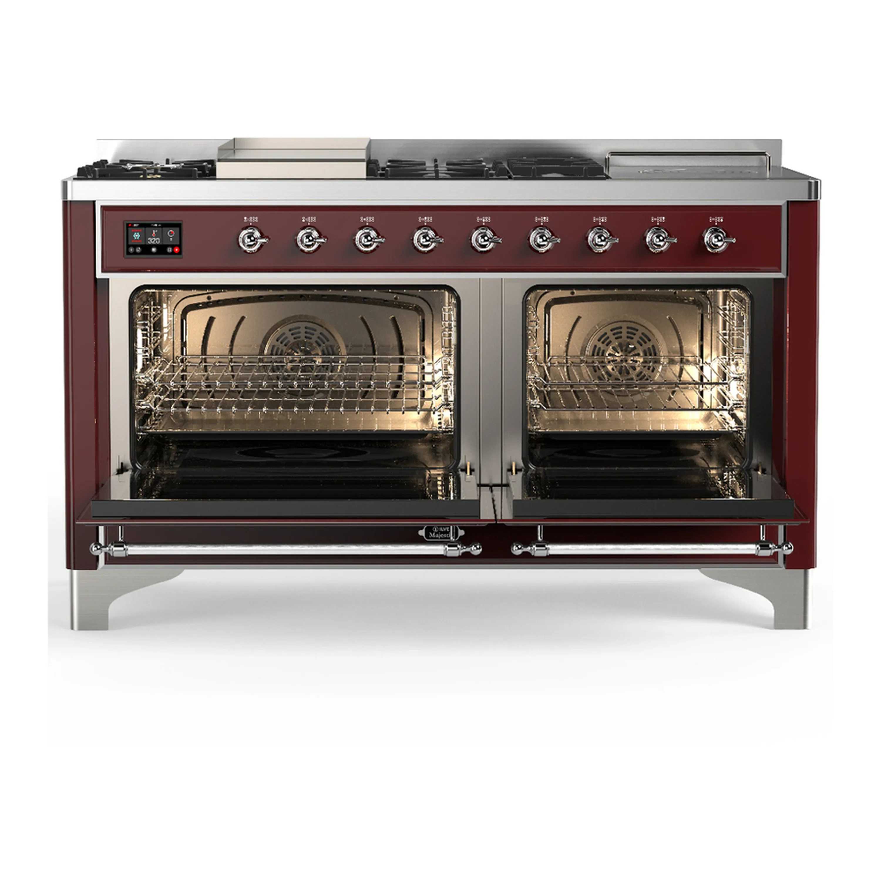 ILVE Majestic III 60-inch Dual Fuel Range with 7 Natural Gas Burner, Griddle, French Top and Triple Glass Door Electric Oven in Burgundy with Chrome Trim (UM60FSNR3BUC) - Image 6