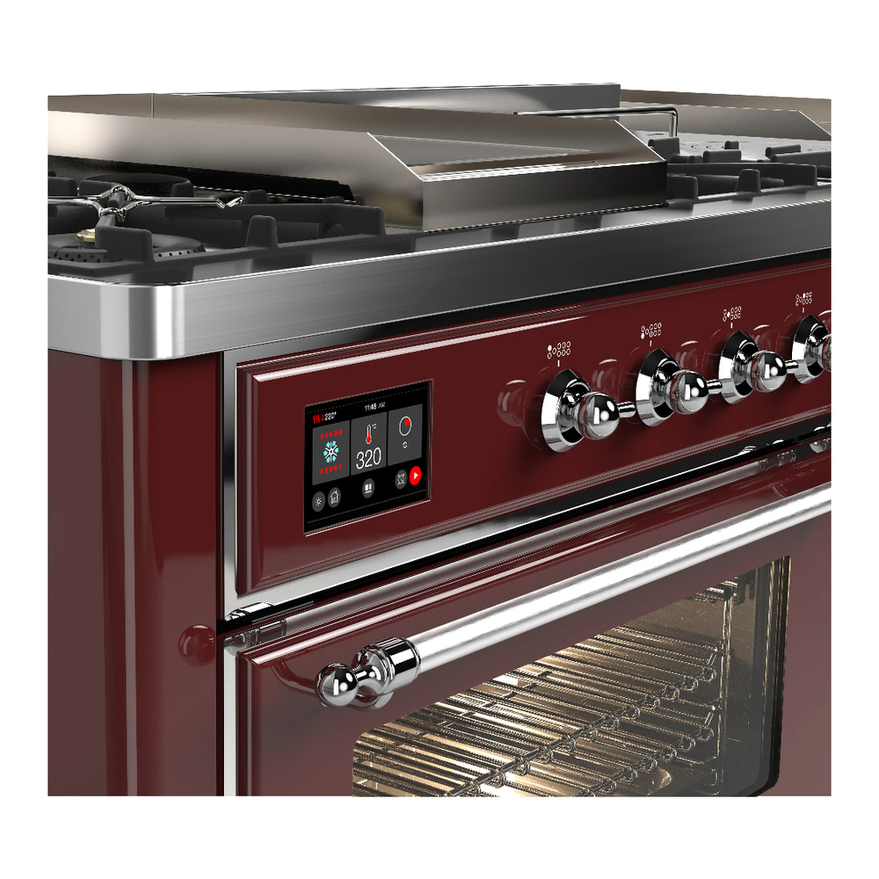 ILVE Majestic III 60-inch Dual Fuel Range with 7 Natural Gas Burner, Griddle, French Top and Triple Glass Door Electric Oven in Burgundy with Chrome Trim (UM60FSNR3BUC) - Image 7