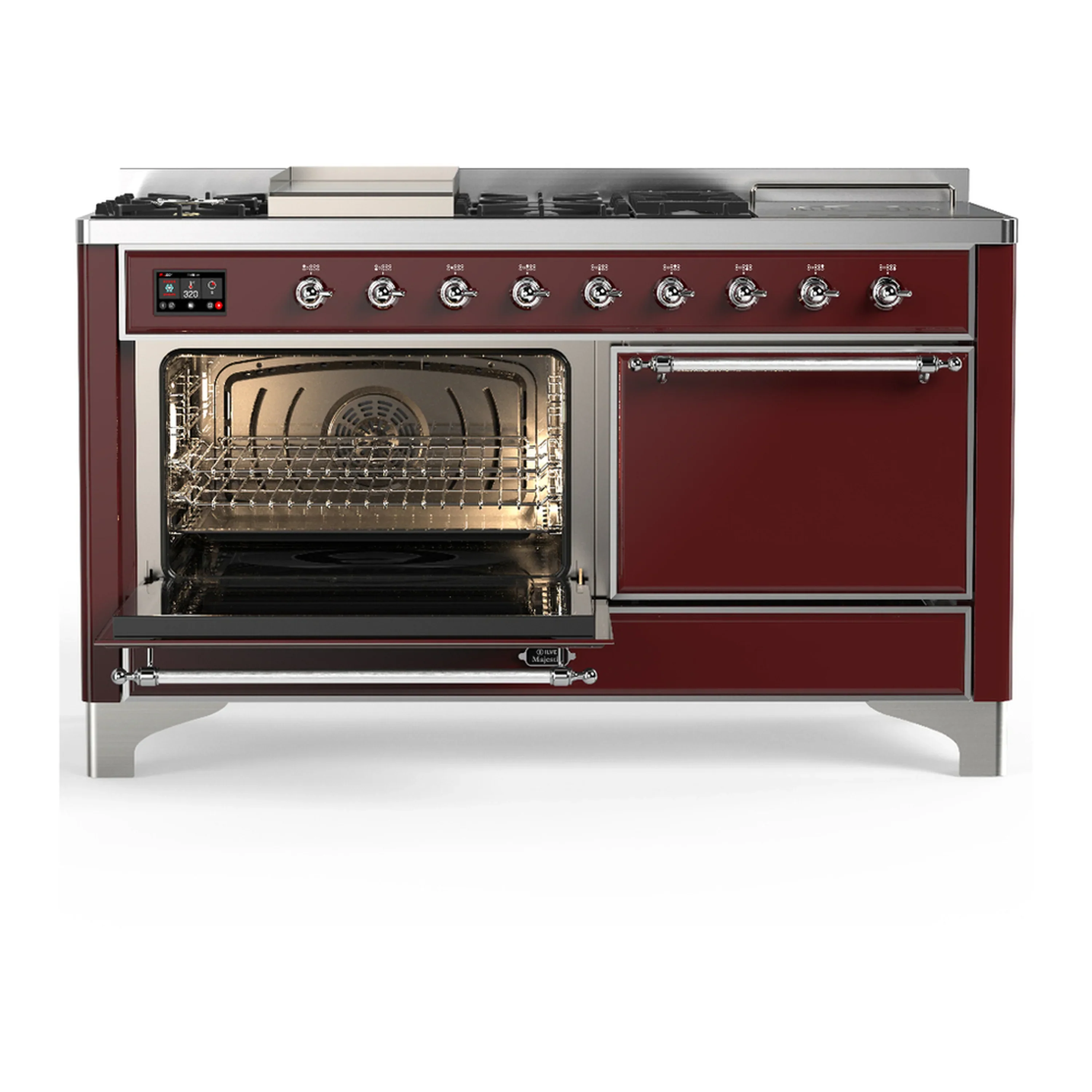 ILVE Majestic III 60-inch Dual Fuel Range with 7 Natural Gas Burner, Griddle, French Top and Solid Door Electric Oven in Burgundy with Chrome Trim (UM60FSQNR3BUC) - Image 5