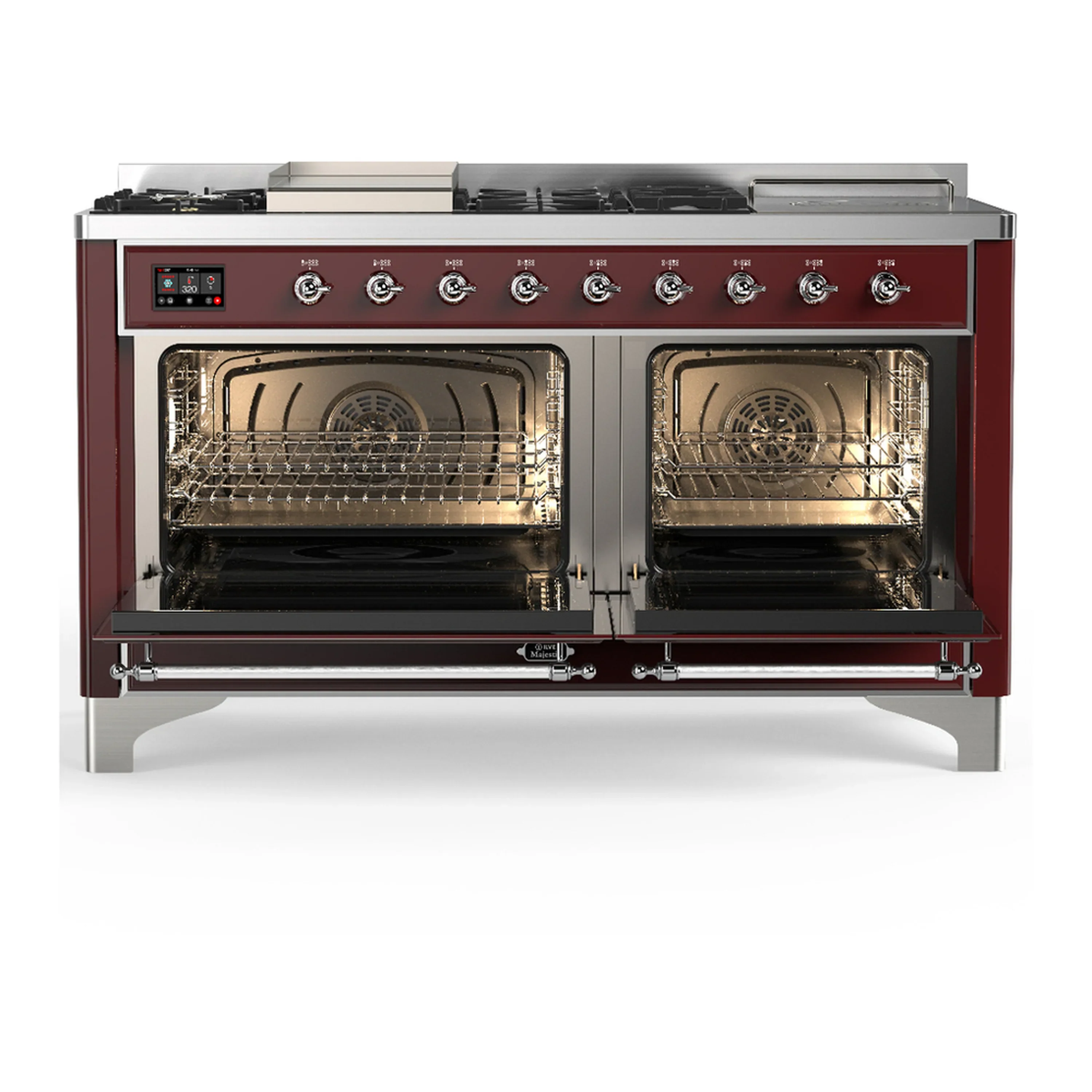 ILVE Majestic III 60-inch Dual Fuel Range with 7 Natural Gas Burner, Griddle, French Top and Solid Door Electric Oven in Burgundy with Chrome Trim (UM60FSQNR3BUC) - Image 6