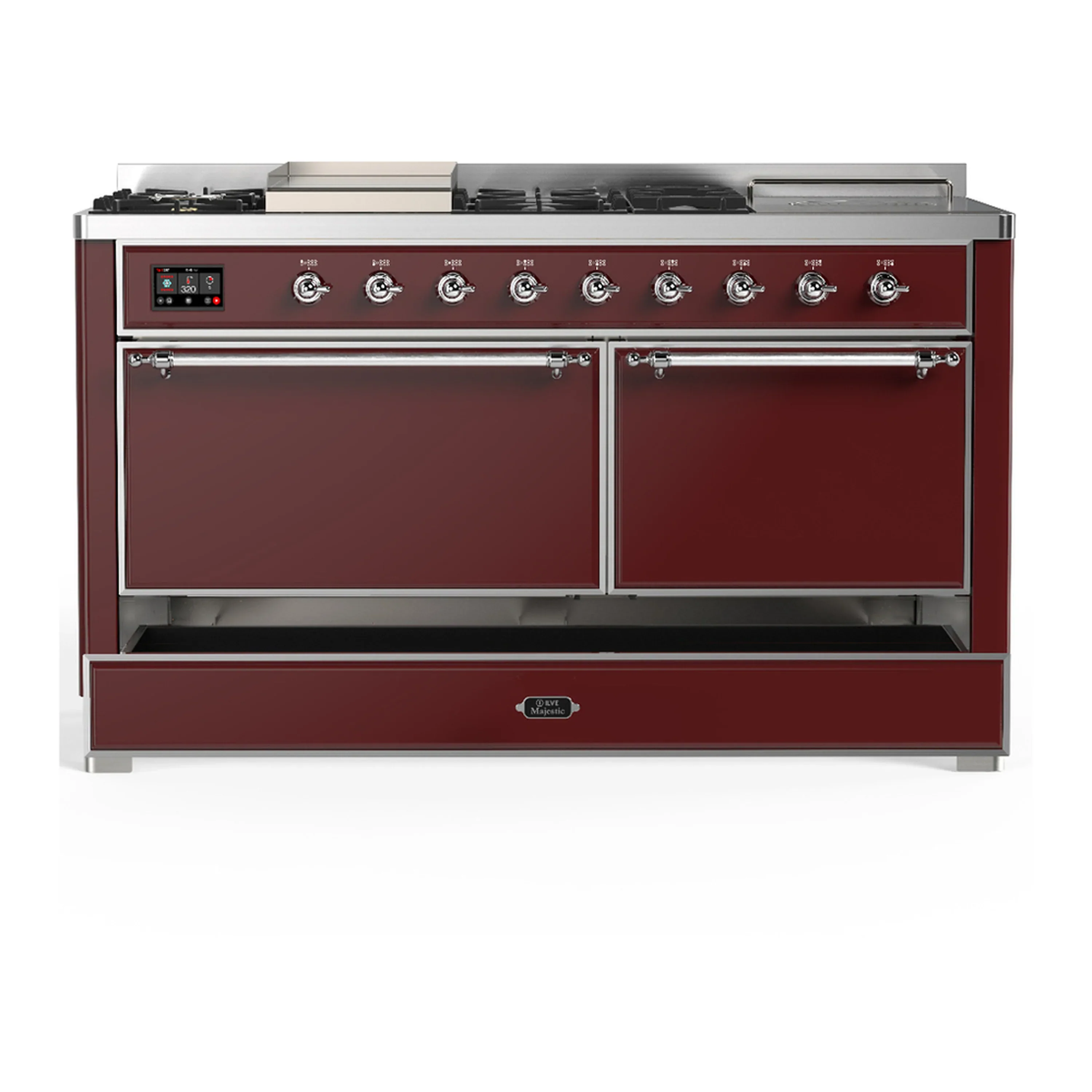 ILVE Majestic III 60-inch Dual Fuel Range with 5 Liquid Propane Burner, Griddle, French Top and Solid Door Electric Oven in Burgundy with Chrome Trim (UM60FSQNR3BUCLP) - Image 3