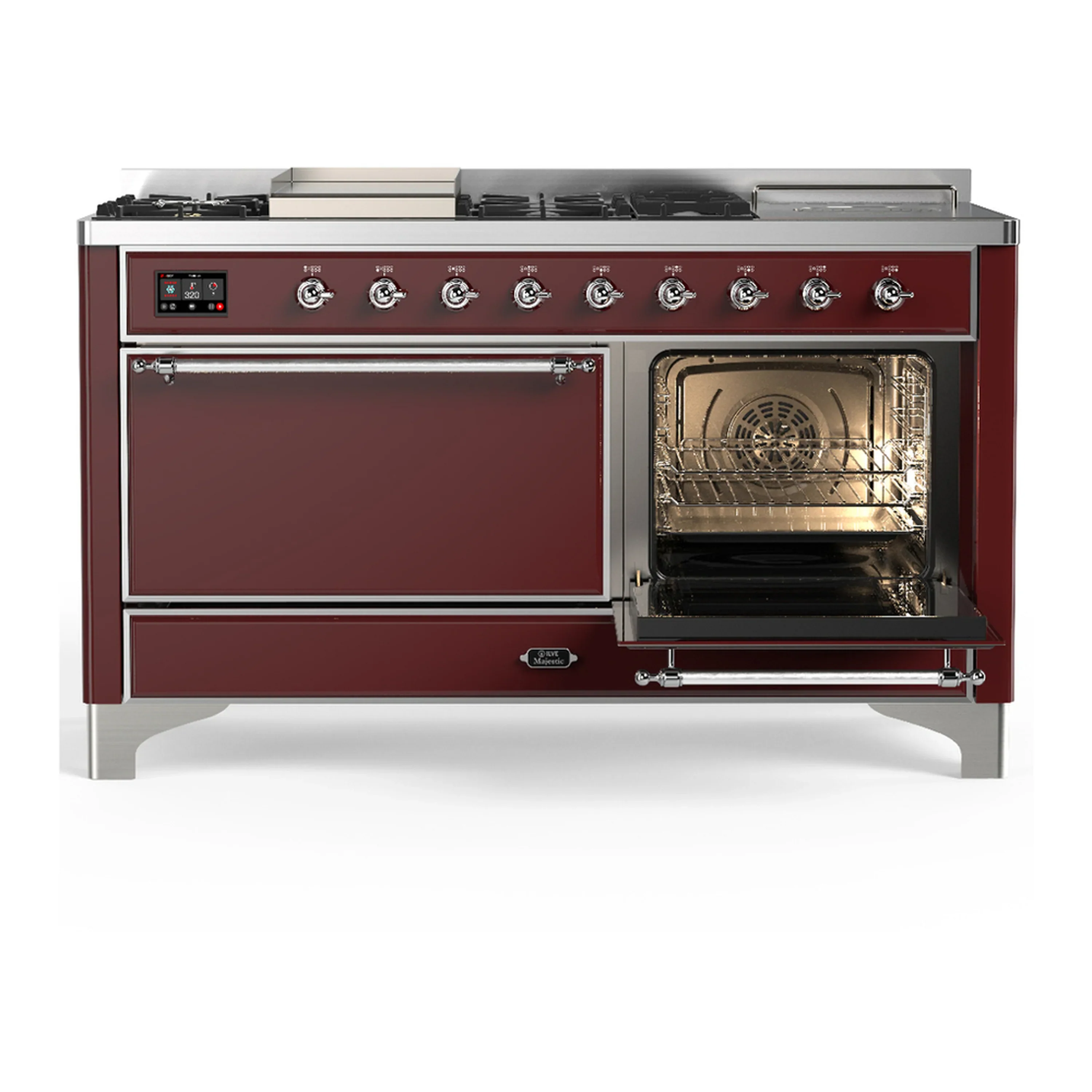 ILVE Majestic III 60-inch Dual Fuel Range with 5 Liquid Propane Burner, Griddle, French Top and Solid Door Electric Oven in Burgundy with Chrome Trim (UM60FSQNR3BUCLP) - Image 4
