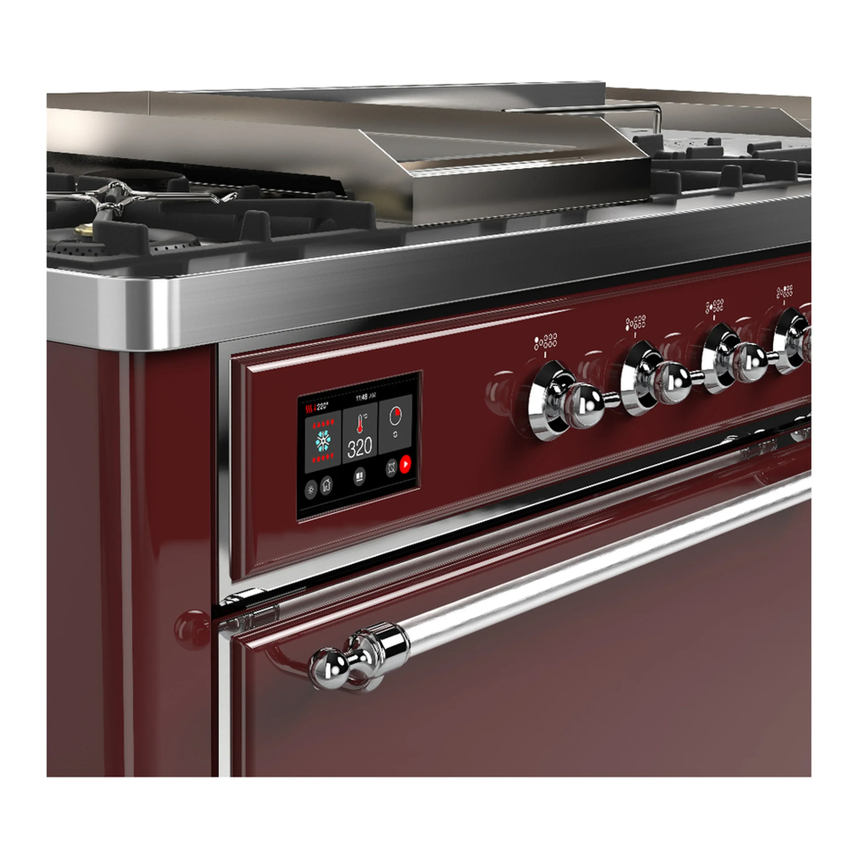 ILVE Majestic III 60-inch Dual Fuel Range with 5 Liquid Propane Burner, Griddle, French Top and Solid Door Electric Oven in Burgundy with Chrome Trim (UM60FSQNR3BUCLP) - Image 7
