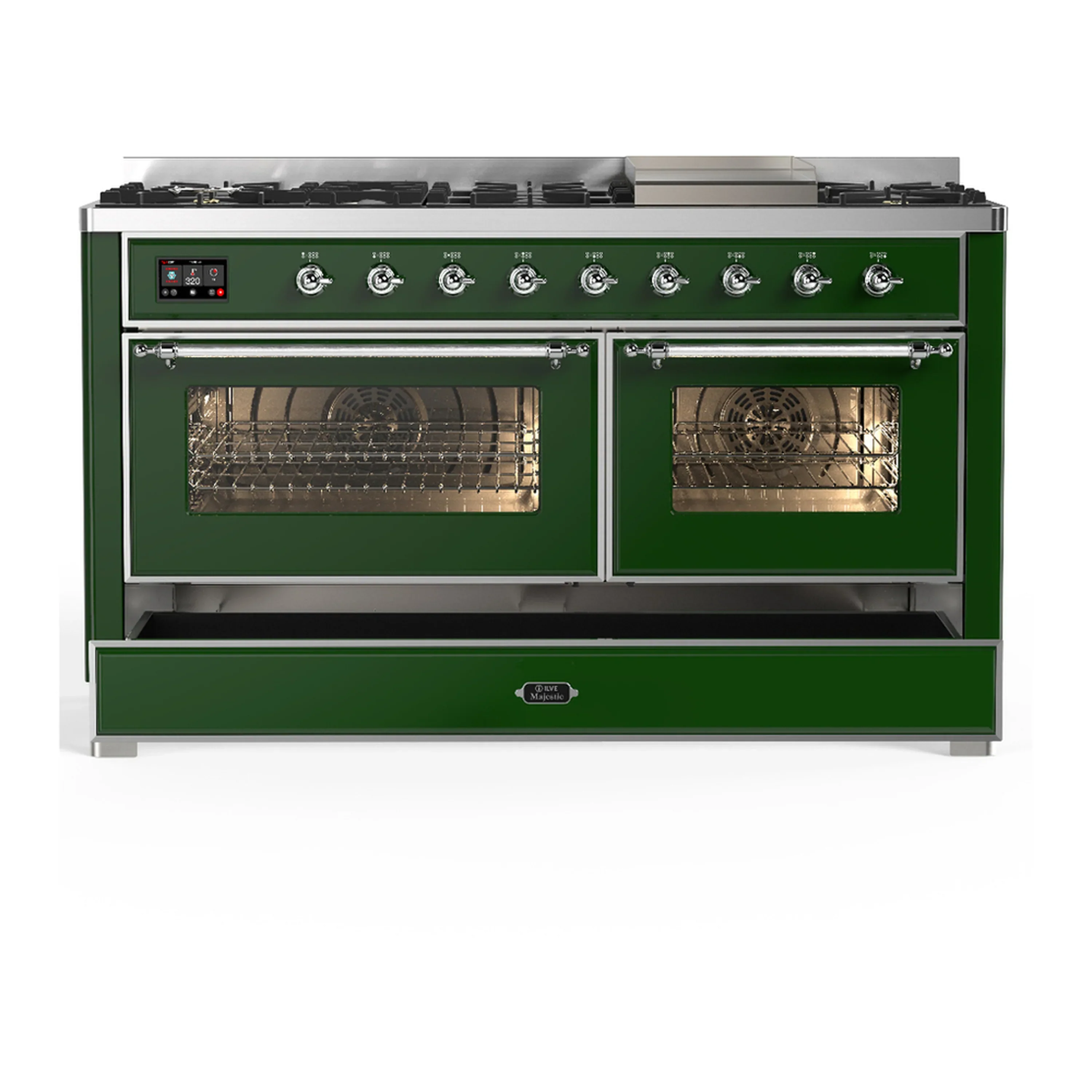 ILVE Majestic III 60-inch Dual Fuel Range with 7 Natural Gas Burner, Griddle and Triple Glass Door Electric Oven in Emerald Green with Chrome Trim (UM60FNR3EGC) - Image 3