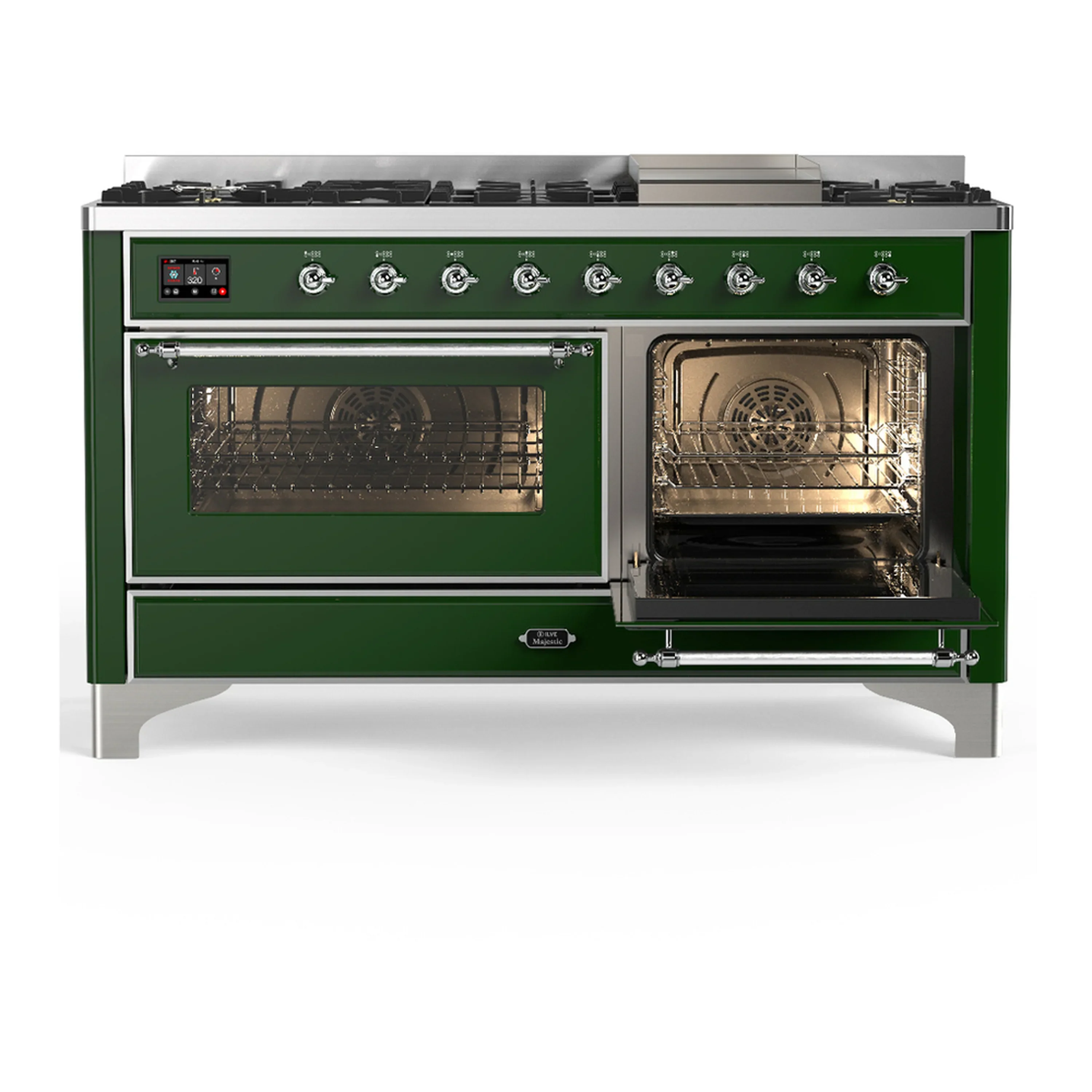 ILVE Majestic III 60-inch Dual Fuel Range with 7 Natural Gas Burner, Griddle and Triple Glass Door Electric Oven in Emerald Green with Chrome Trim (UM60FNR3EGC) - Image 4