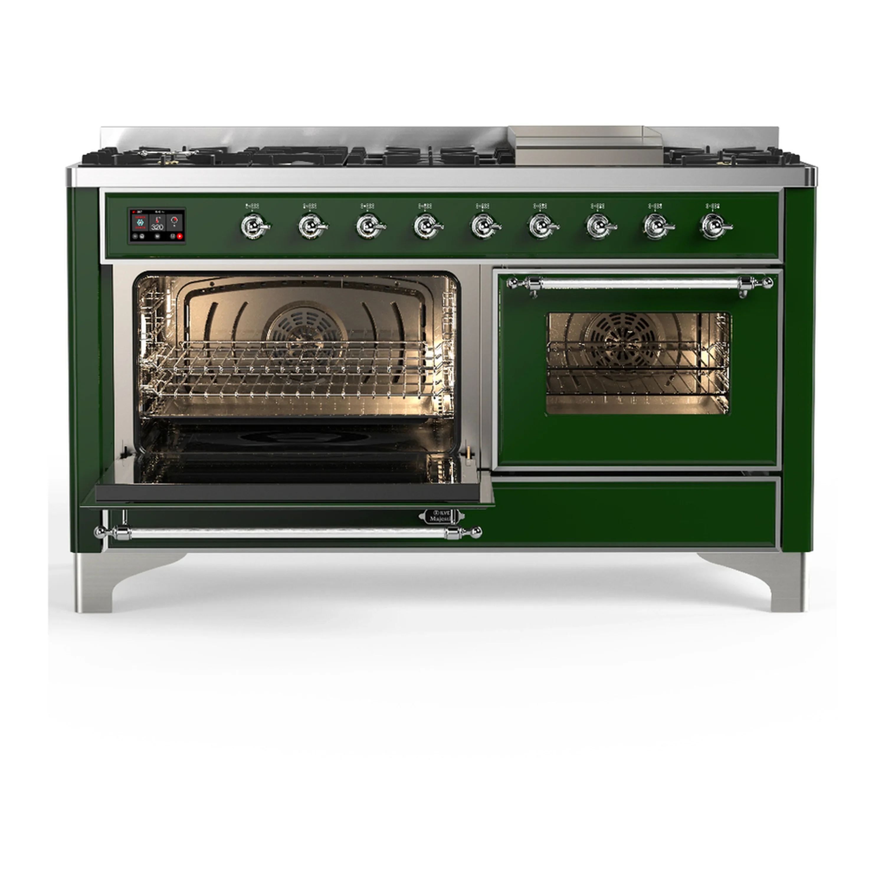ILVE Majestic III 60-inch Dual Fuel Range with 7 Natural Gas Burner, Griddle and Triple Glass Door Electric Oven in Emerald Green with Chrome Trim (UM60FNR3EGC) - Image 5