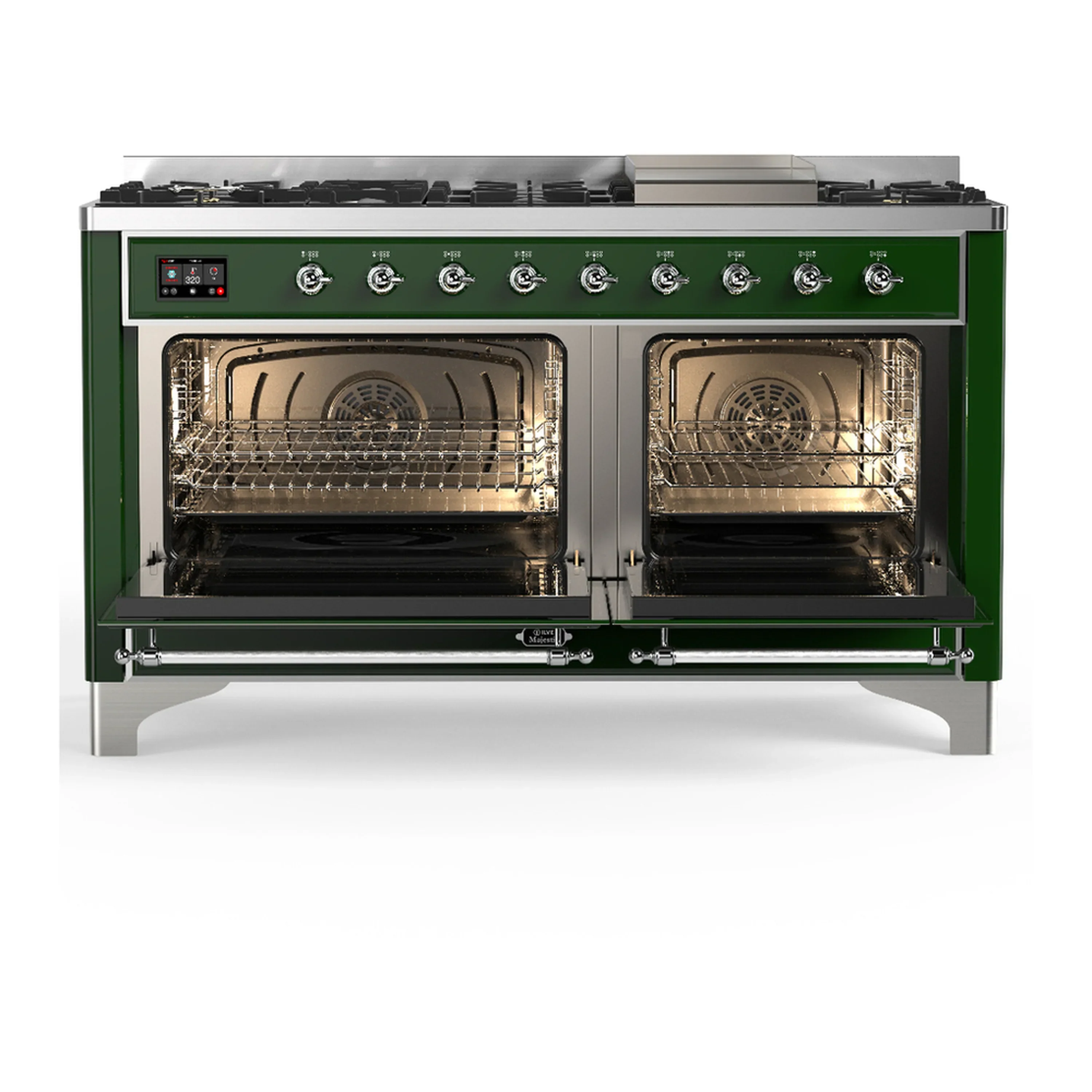 ILVE Majestic III 60-inch Dual Fuel Range with 7 Natural Gas Burner, Griddle and Triple Glass Door Electric Oven in Emerald Green with Chrome Trim (UM60FNR3EGC) - Image 6