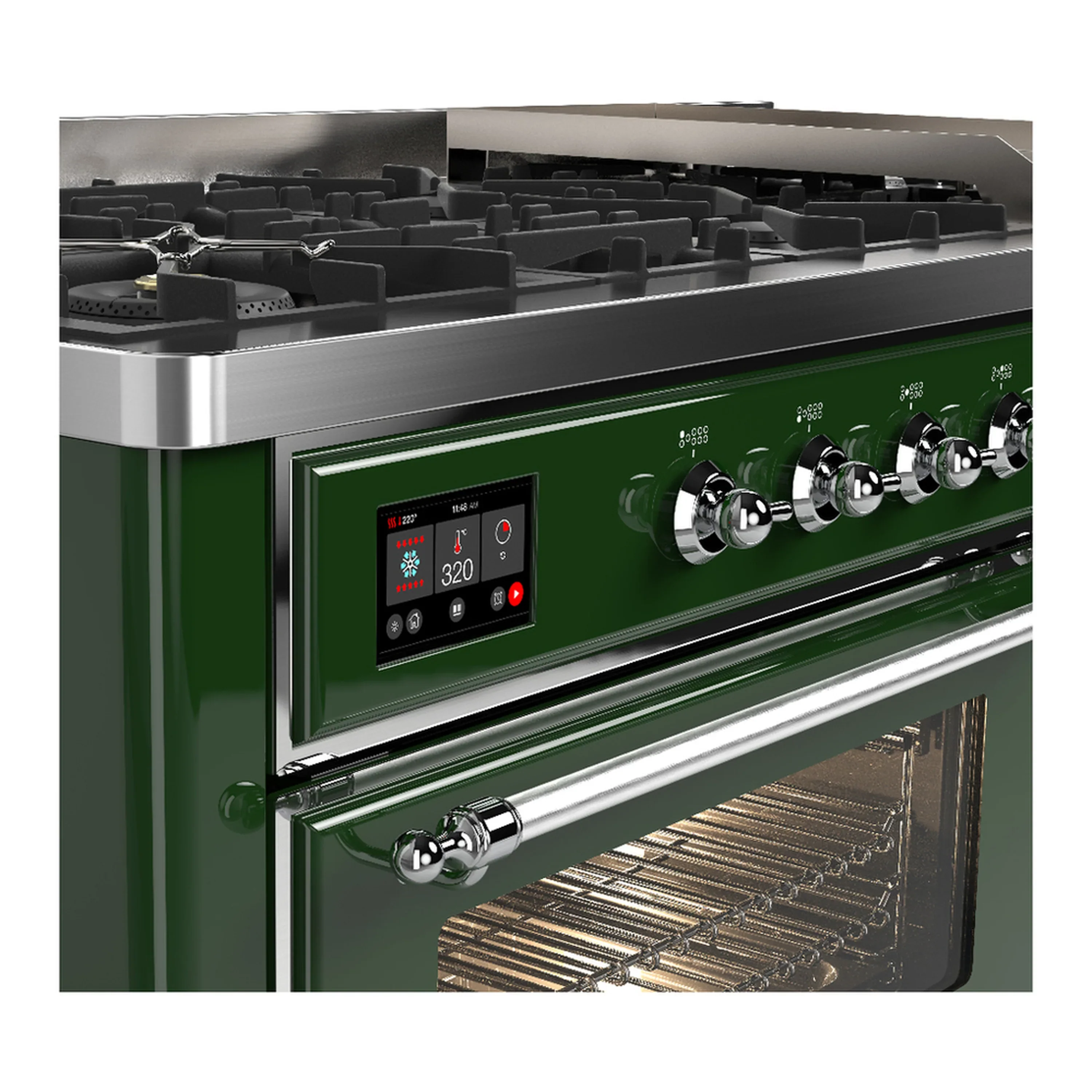 ILVE Majestic III 60-inch Dual Fuel Range with 5 Liquid Propane Burner, Griddle and Triple Glass Door Electric Oven in Emerald Green with Chrome Trim (UM60FNR3EGCLP) - Image 7