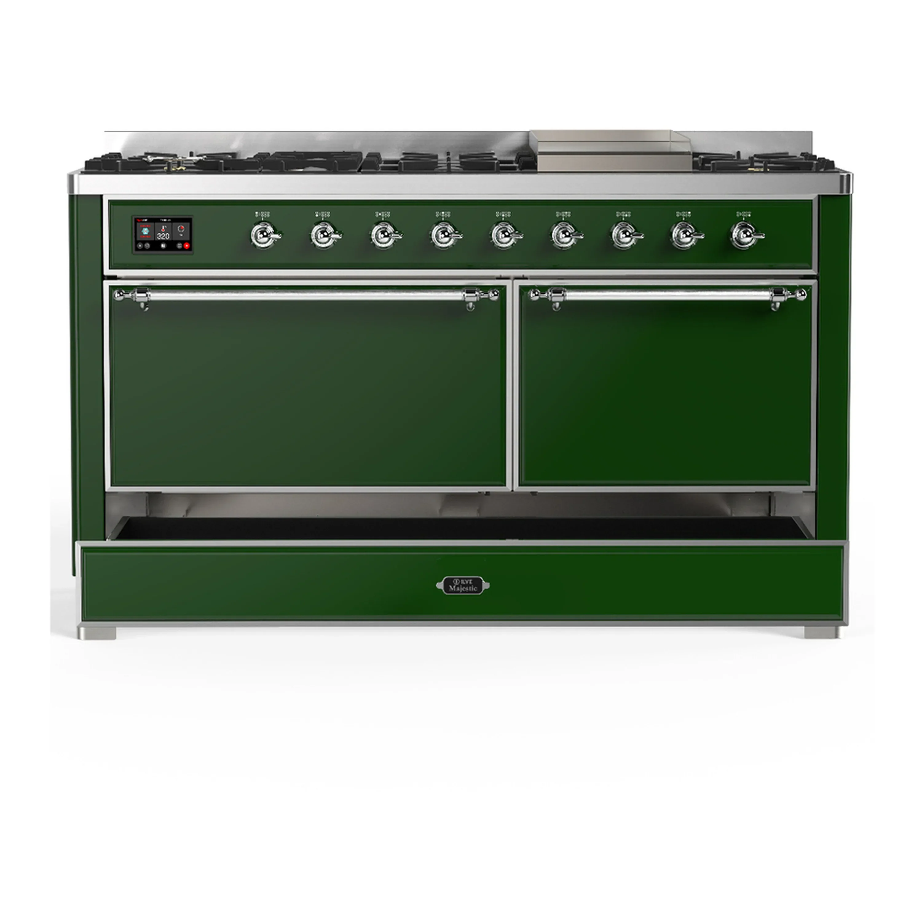 ILVE Majestic III 60-inch Dual Fuel Range with 7 Natural Gas Burner, Griddle and Solid Door Electric Oven in Emerald Green with Chrome Trim (UM60FQNR3EGC) - Image 3