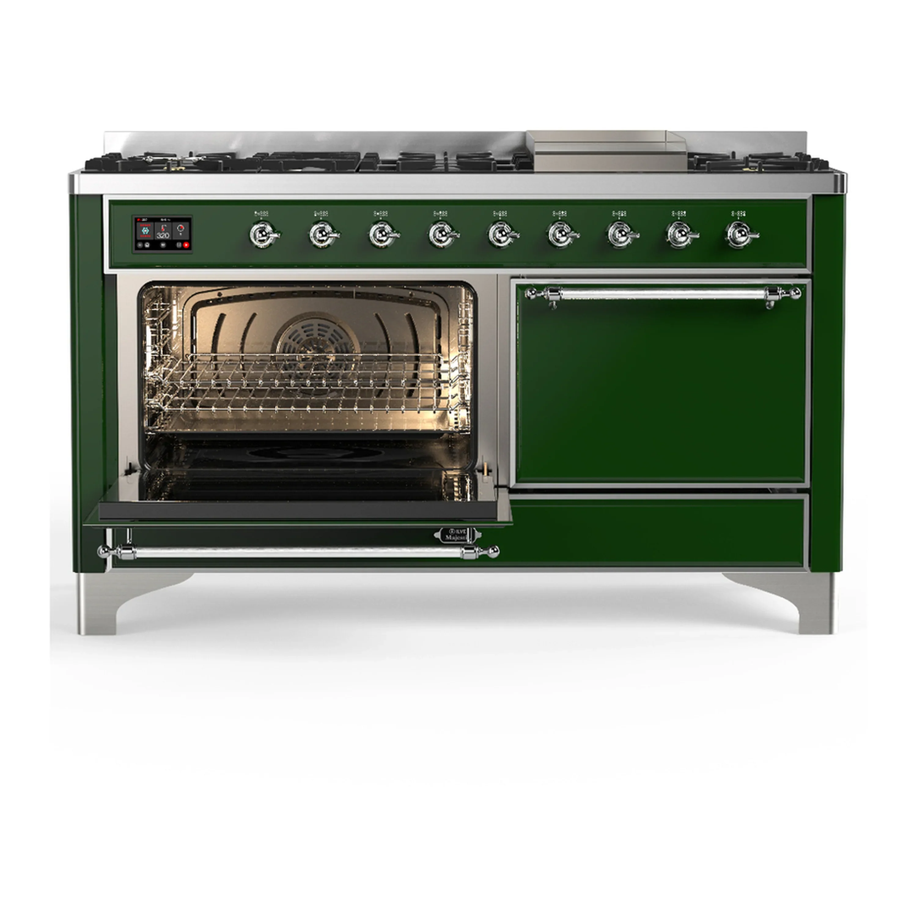 ILVE Majestic III 60-inch Dual Fuel Range with 7 Natural Gas Burner, Griddle and Solid Door Electric Oven in Emerald Green with Chrome Trim (UM60FQNR3EGC) - Image 5