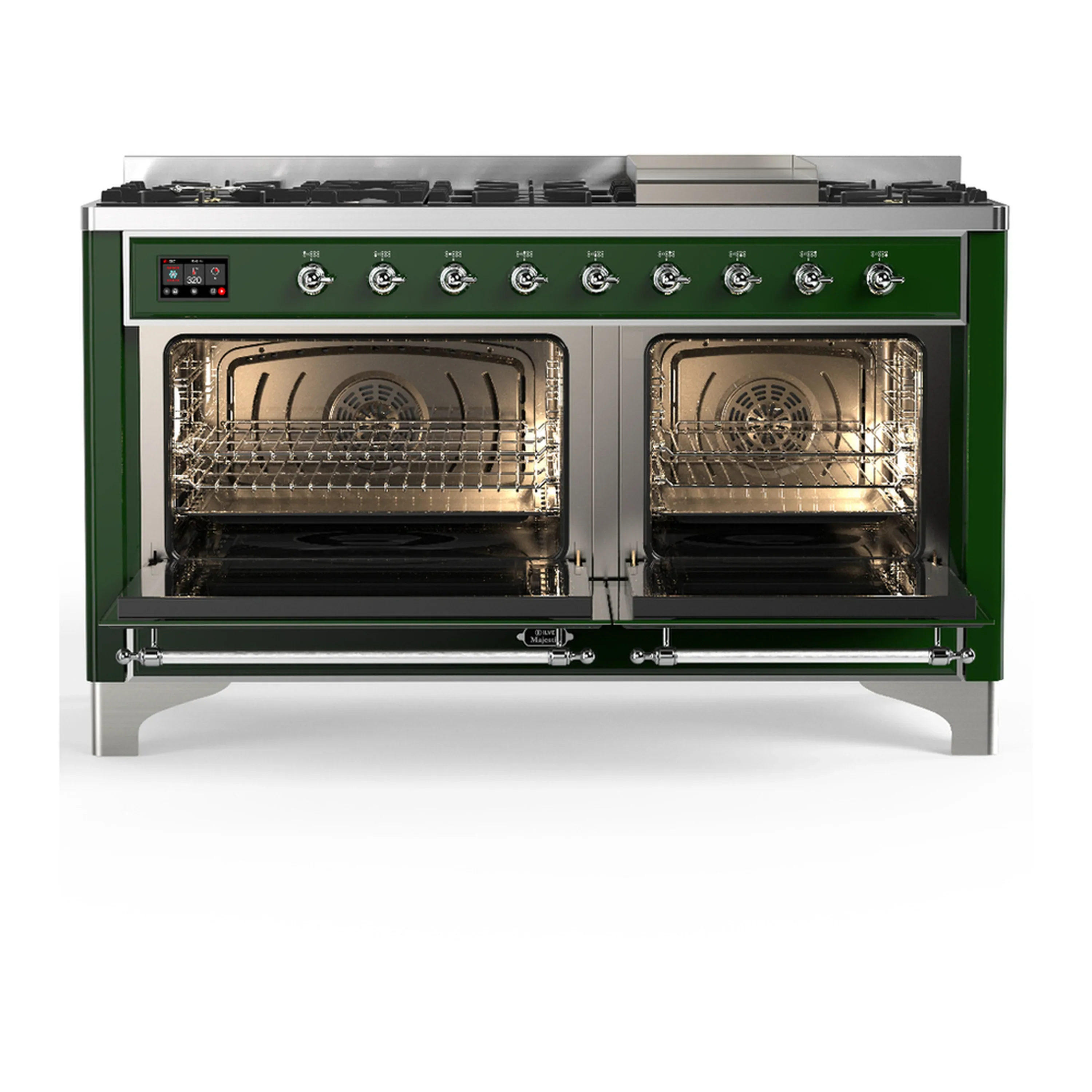 ILVE Majestic III 60-inch Dual Fuel Range with 7 Natural Gas Burner, Griddle and Solid Door Electric Oven in Emerald Green with Chrome Trim (UM60FQNR3EGC) - Image 6