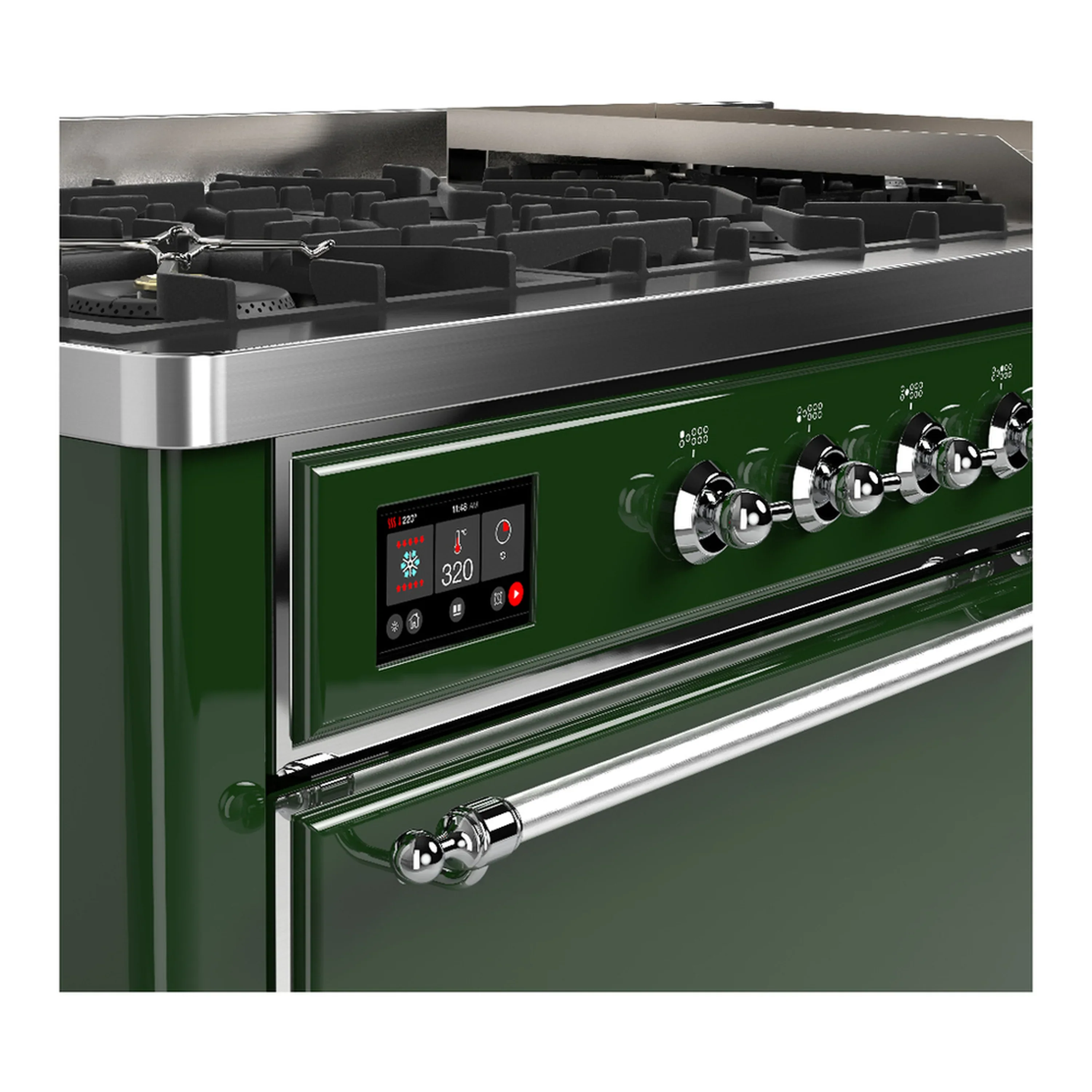 ILVE Majestic III 60-inch Dual Fuel Range with 7 Natural Gas Burner, Griddle and Solid Door Electric Oven in Emerald Green with Chrome Trim (UM60FQNR3EGC) - Image 7