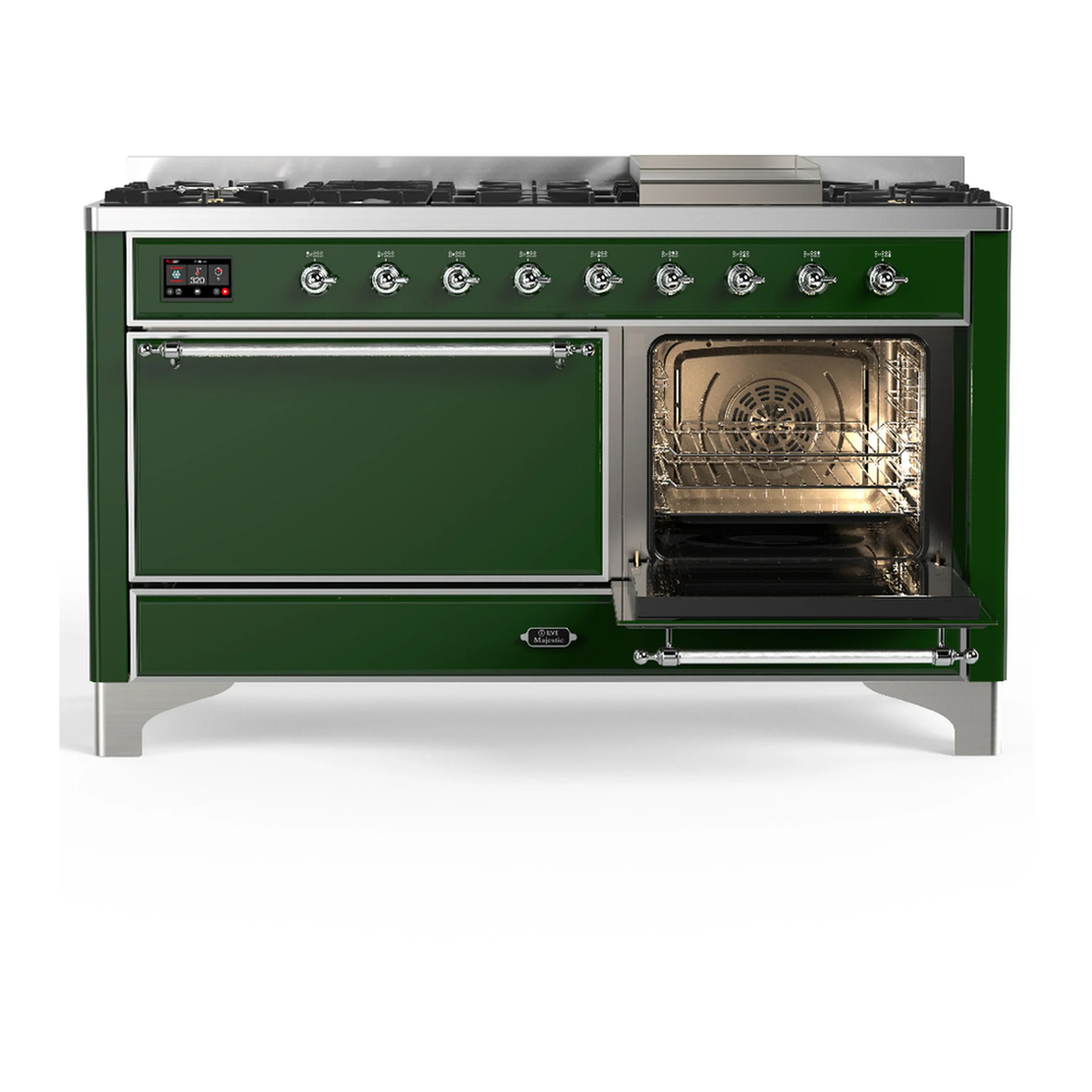 ILVE Majestic III 60-inch Dual Fuel Range with 5 Liquid Propane Burner, Griddle and Solid Door Electric Oven in Emerald Green with Chrome Trim (UM60FQNR3EGCLP) - Image 4