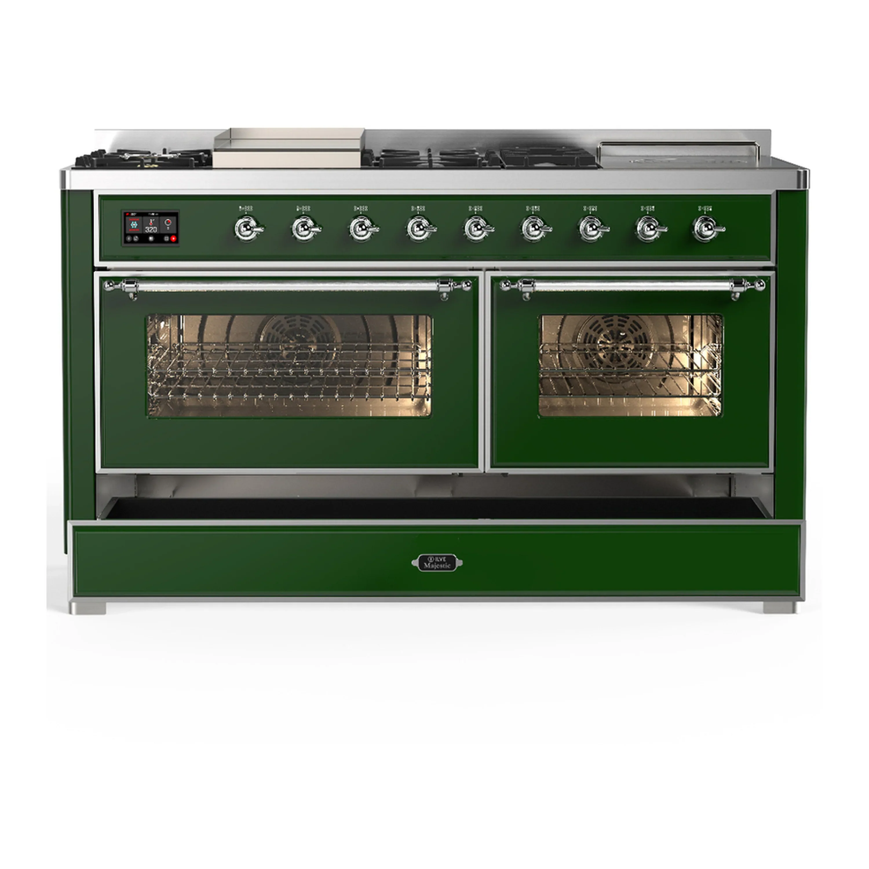 ILVE Majestic III 60-inch Dual Fuel Range with 7 Natural Gas Burner, Griddle, French Top and Triple Glass Door Electric Oven in Emerald Green with Chrome Trim (UM60FSNR3EGC) - Image 2