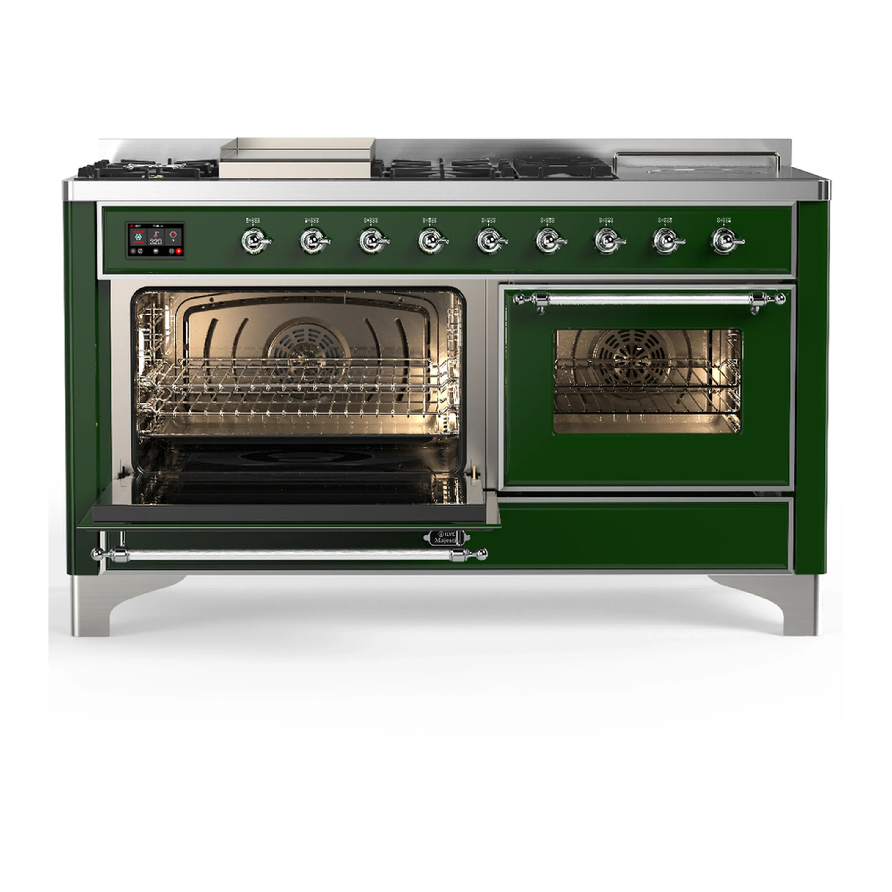 ILVE Majestic III 60-inch Dual Fuel Range with 7 Natural Gas Burner, Griddle, French Top and Triple Glass Door Electric Oven in Emerald Green with Chrome Trim (UM60FSNR3EGC) - Image 4