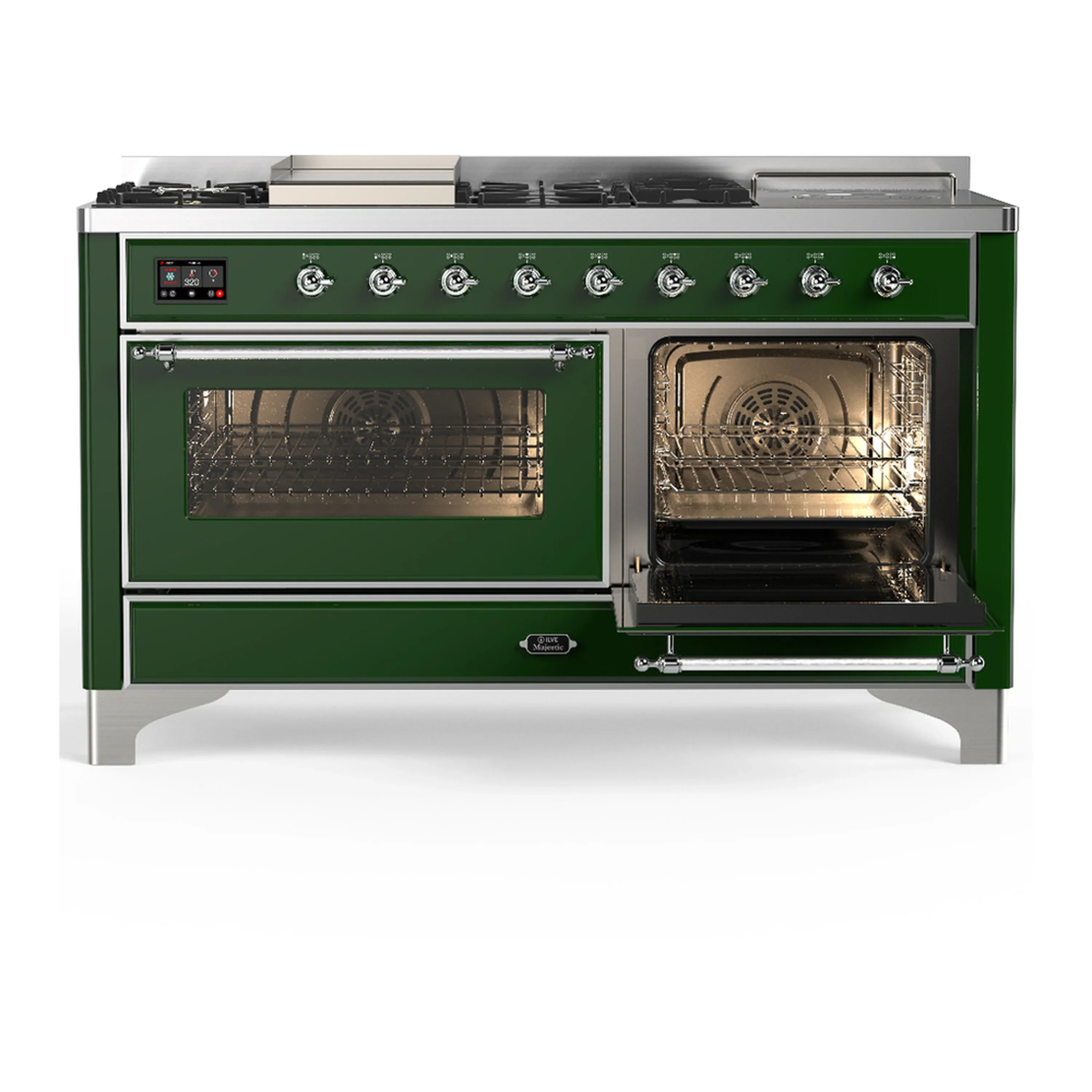 ILVE Majestic III 60-inch Dual Fuel Range with 5 Liquid Propane Burner, Griddle, French Top and Triple Glass Door Electric Oven in Emerald Green with Chrome Trim (UM60FSNR3EGCLP) - Image 4
