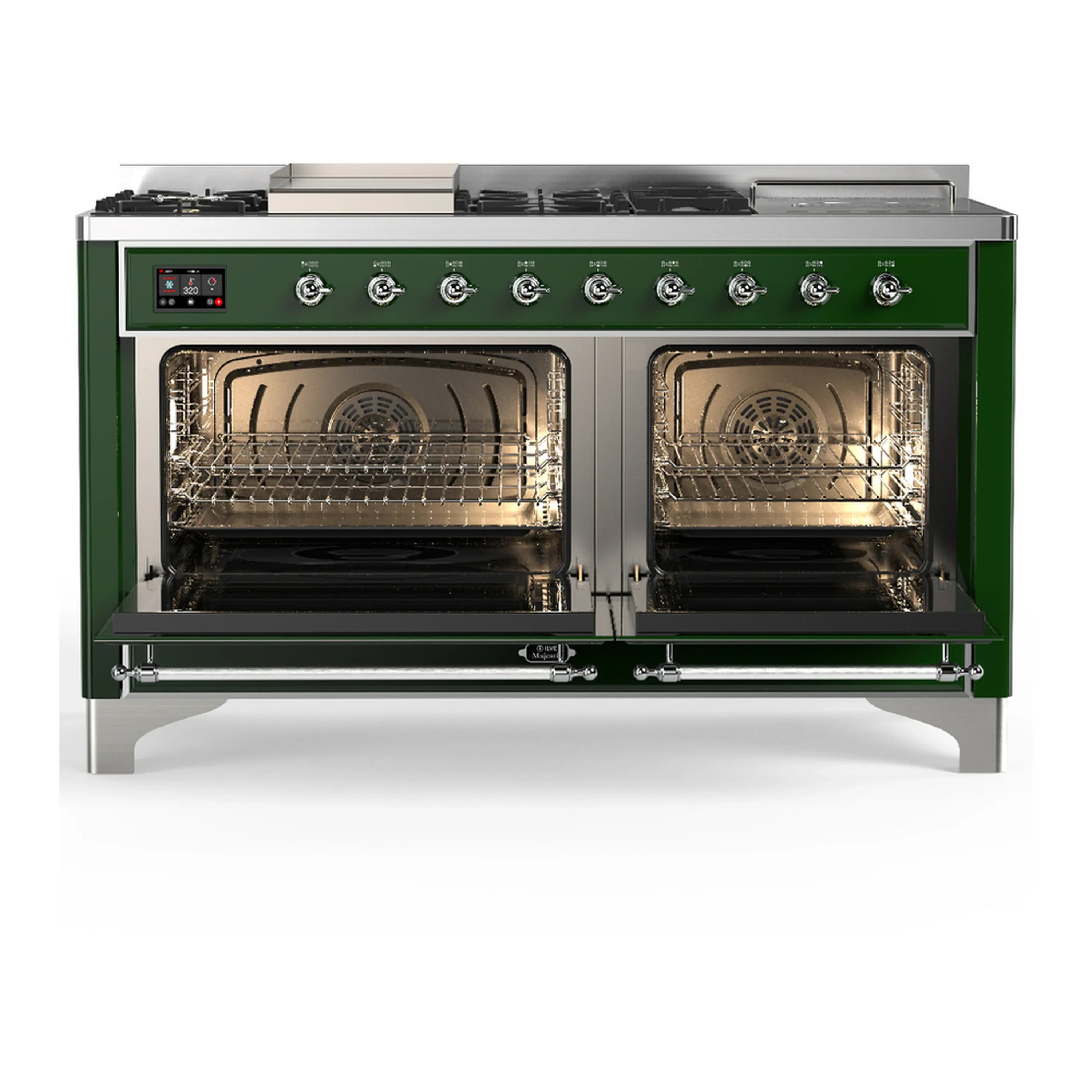 ILVE Majestic III 60-inch Dual Fuel Range with 5 Liquid Propane Burner, Griddle, French Top and Triple Glass Door Electric Oven in Emerald Green with Chrome Trim (UM60FSNR3EGCLP) - Image 6