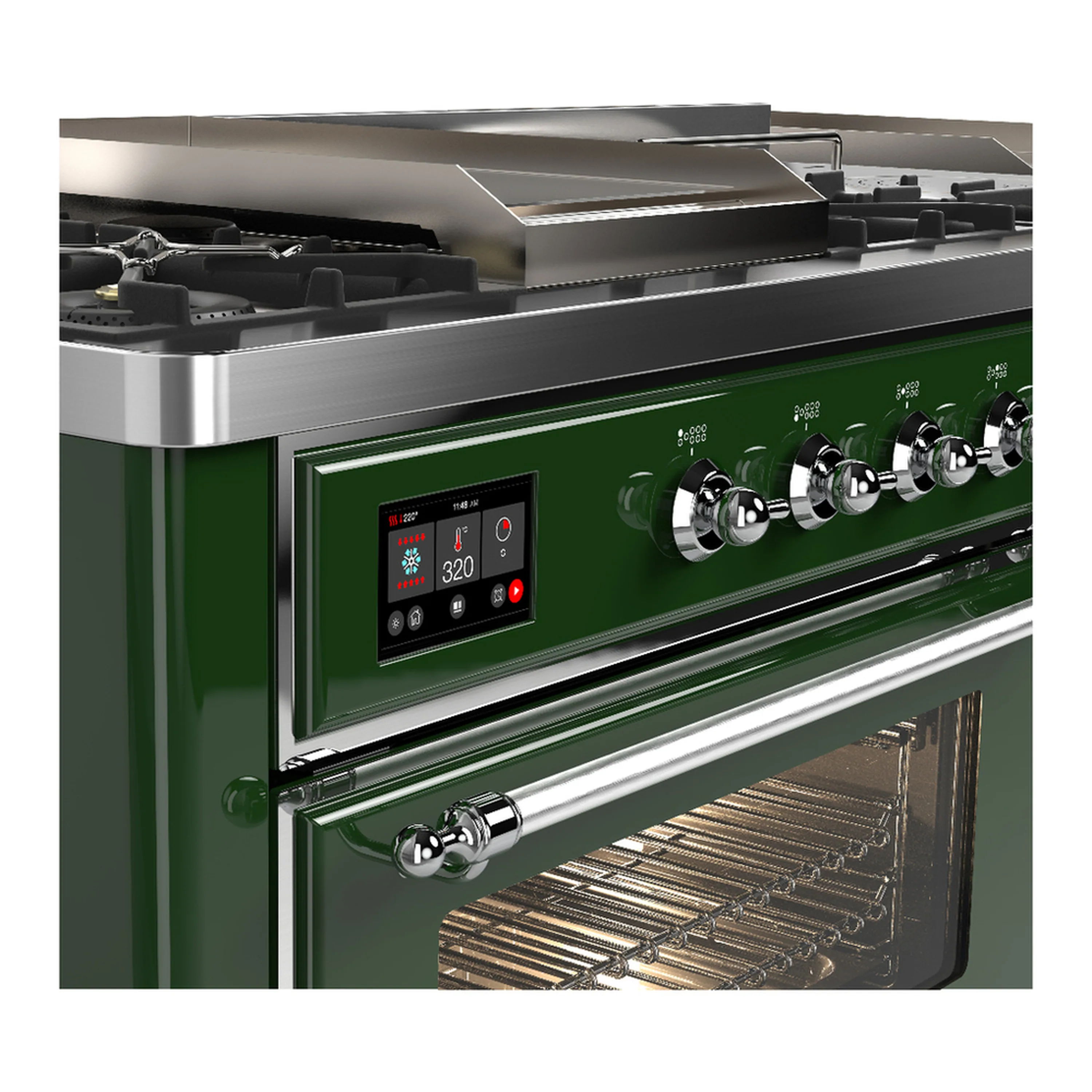 ILVE Majestic III 60-inch Dual Fuel Range with 5 Liquid Propane Burner, Griddle, French Top and Triple Glass Door Electric Oven in Emerald Green with Chrome Trim (UM60FSNR3EGCLP) - Image 7