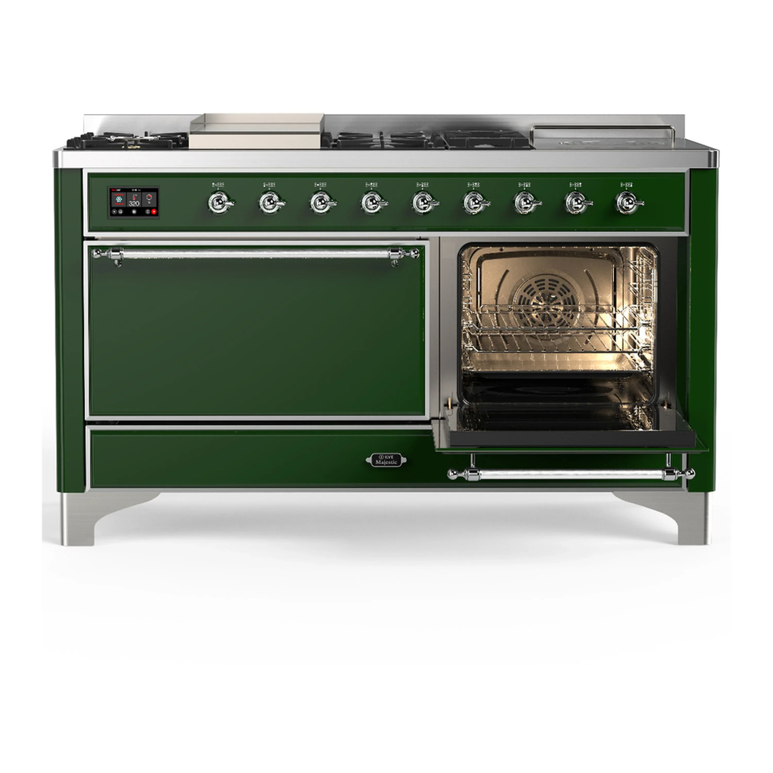 ILVE Majestic III 60-inch Dual Fuel Range with 7 Natural Gas Burner, Griddle, French Top and Solid Door Electric Oven in Emerald Green with Chrome Trim (UM60FSQNR3EGC) - Image 4
