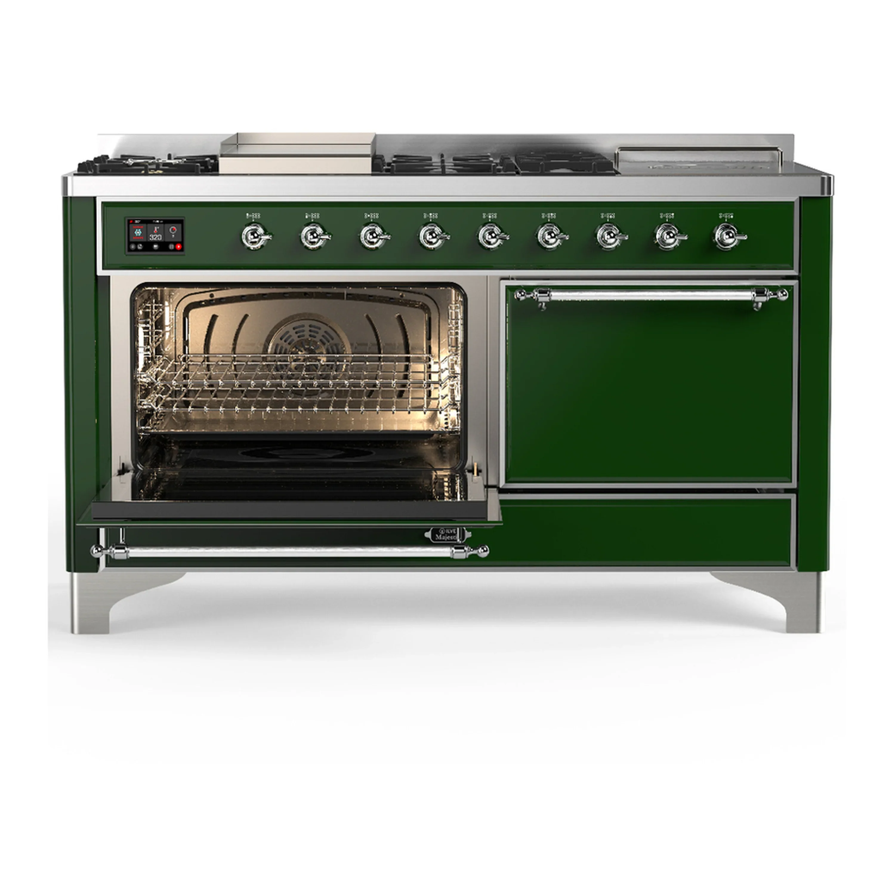 ILVE Majestic III 60-inch Dual Fuel Range with 7 Natural Gas Burner, Griddle, French Top and Solid Door Electric Oven in Emerald Green with Chrome Trim (UM60FSQNR3EGC) - Image 5