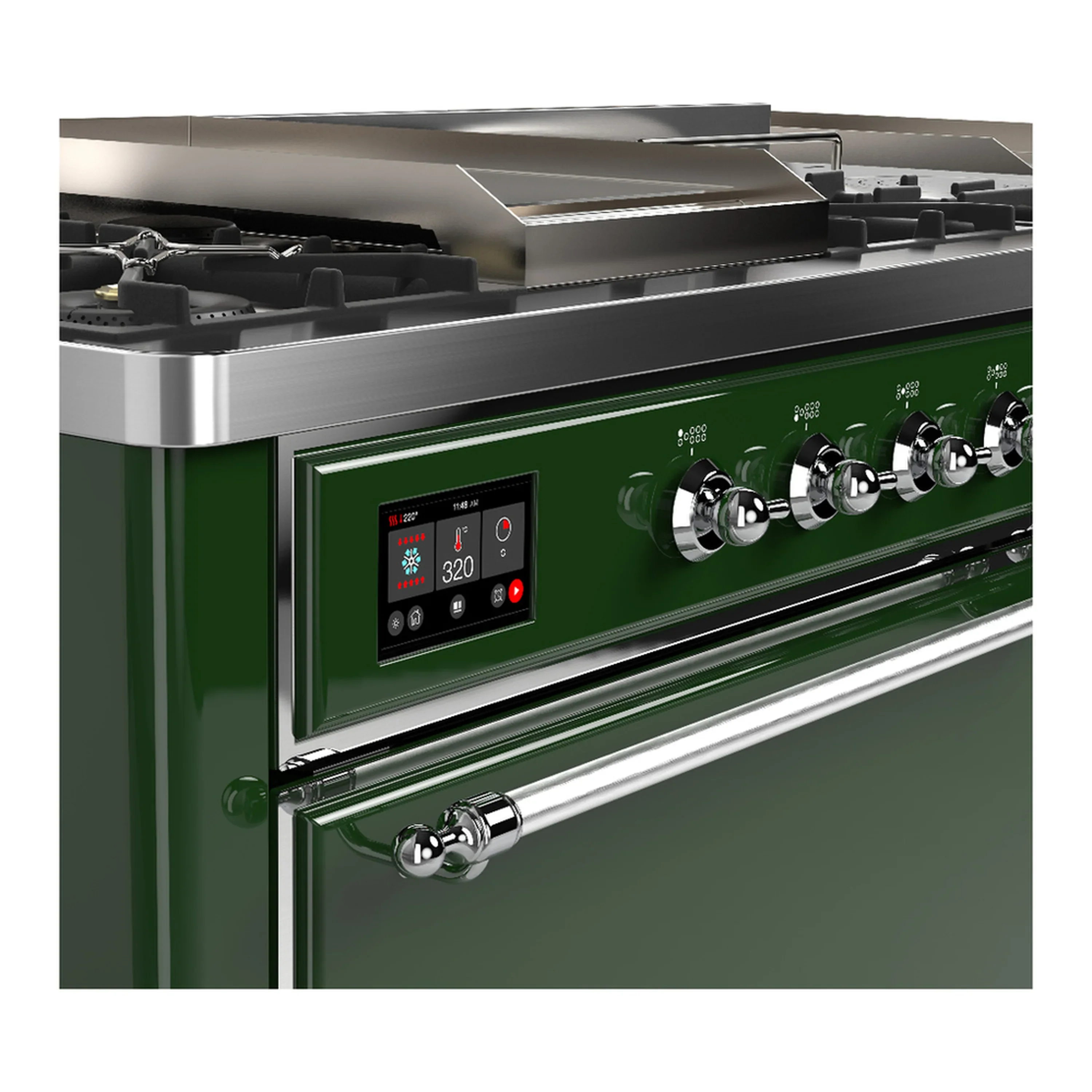 ILVE Majestic III 60-inch Dual Fuel Range with 7 Natural Gas Burner, Griddle, French Top and Solid Door Electric Oven in Emerald Green with Chrome Trim (UM60FSQNR3EGC) - Image 7