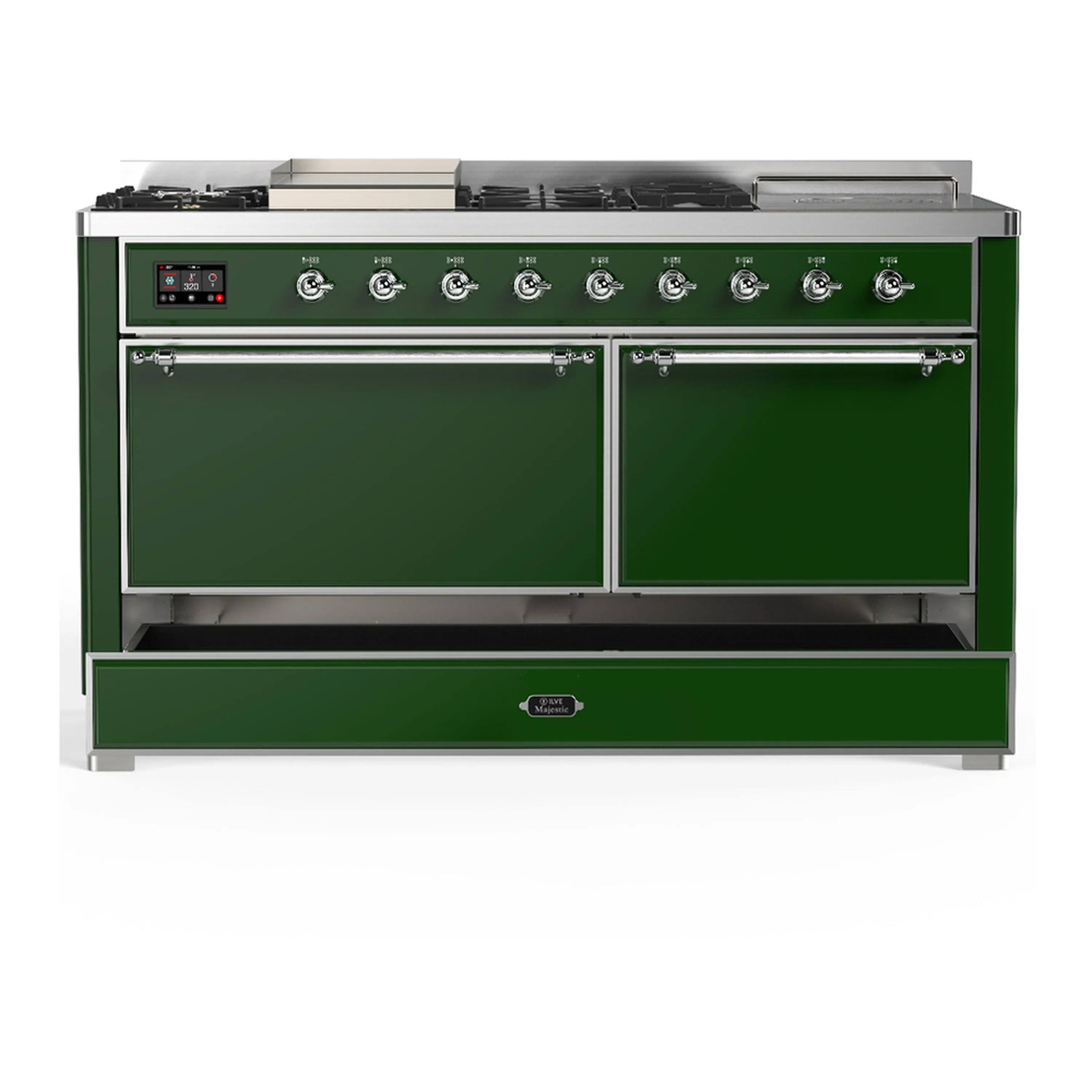 ILVE Majestic III 60-inch Dual Fuel Range with 5 Liquid Propane Burner, Griddle, French Top and Solid Door Electric Oven in Emerald Green with Chrome Trim (UM60FSQNR3EGCLP) - Image 3
