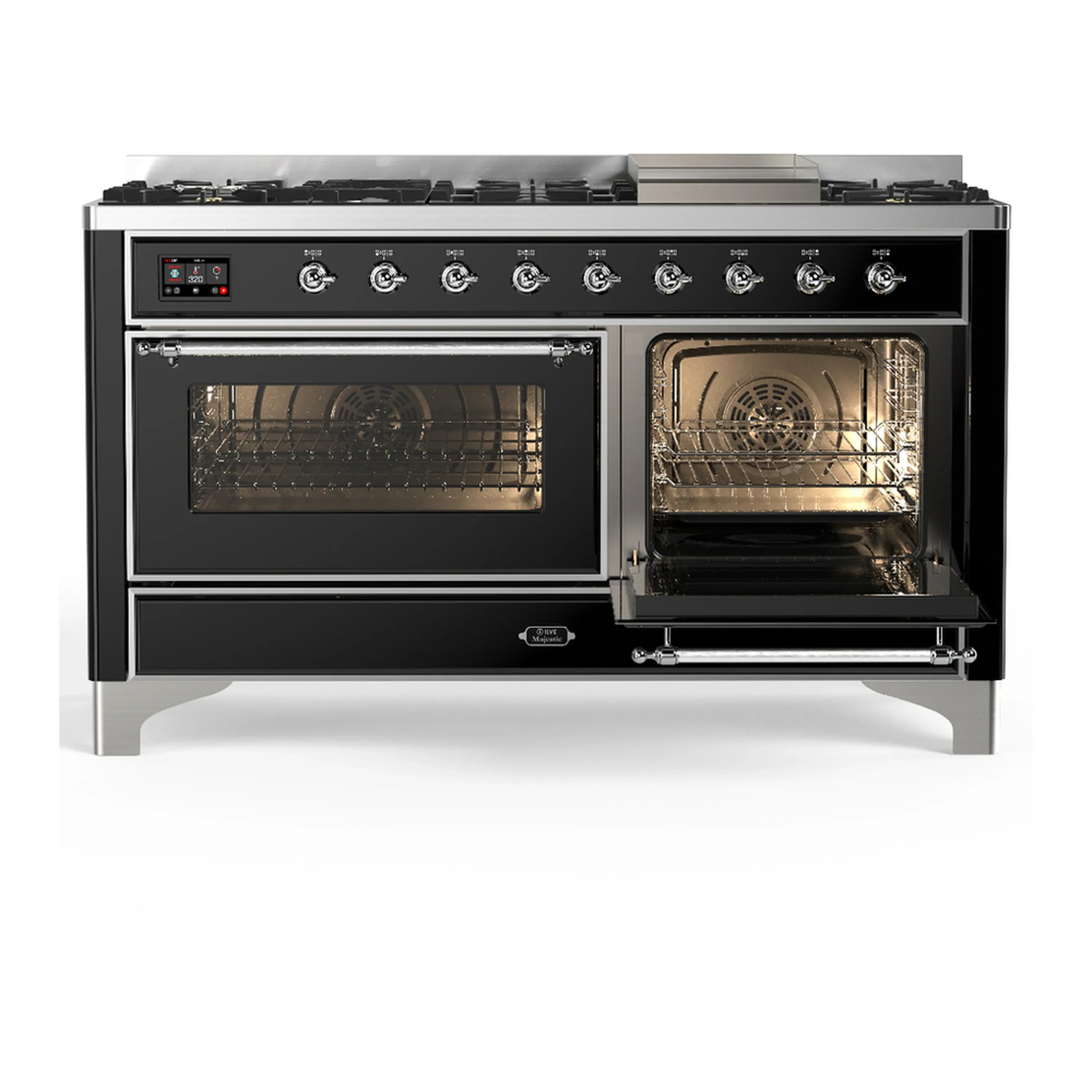 ILVE Majestic III 60-inch Dual Fuel Range with 7 Natural Gas Burner, Griddle and Triple Glass Door Electric Oven in Glossy Black with Chrome Trim (UM60FNR3BKC) - Image 4