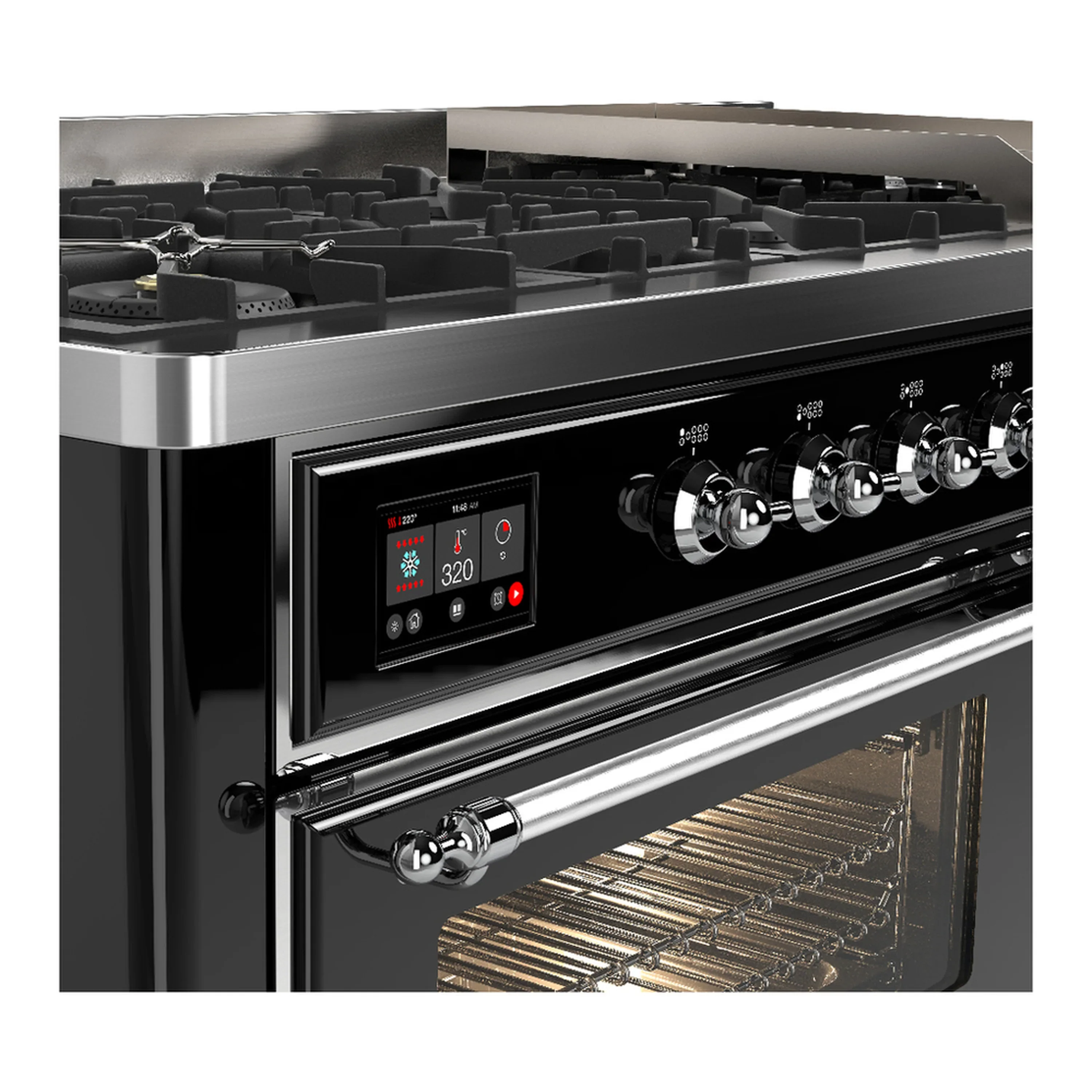 ILVE Majestic III 60-inch Dual Fuel Range with 7 Natural Gas Burner, Griddle and Triple Glass Door Electric Oven in Glossy Black with Chrome Trim (UM60FNR3BKC) - Image 7