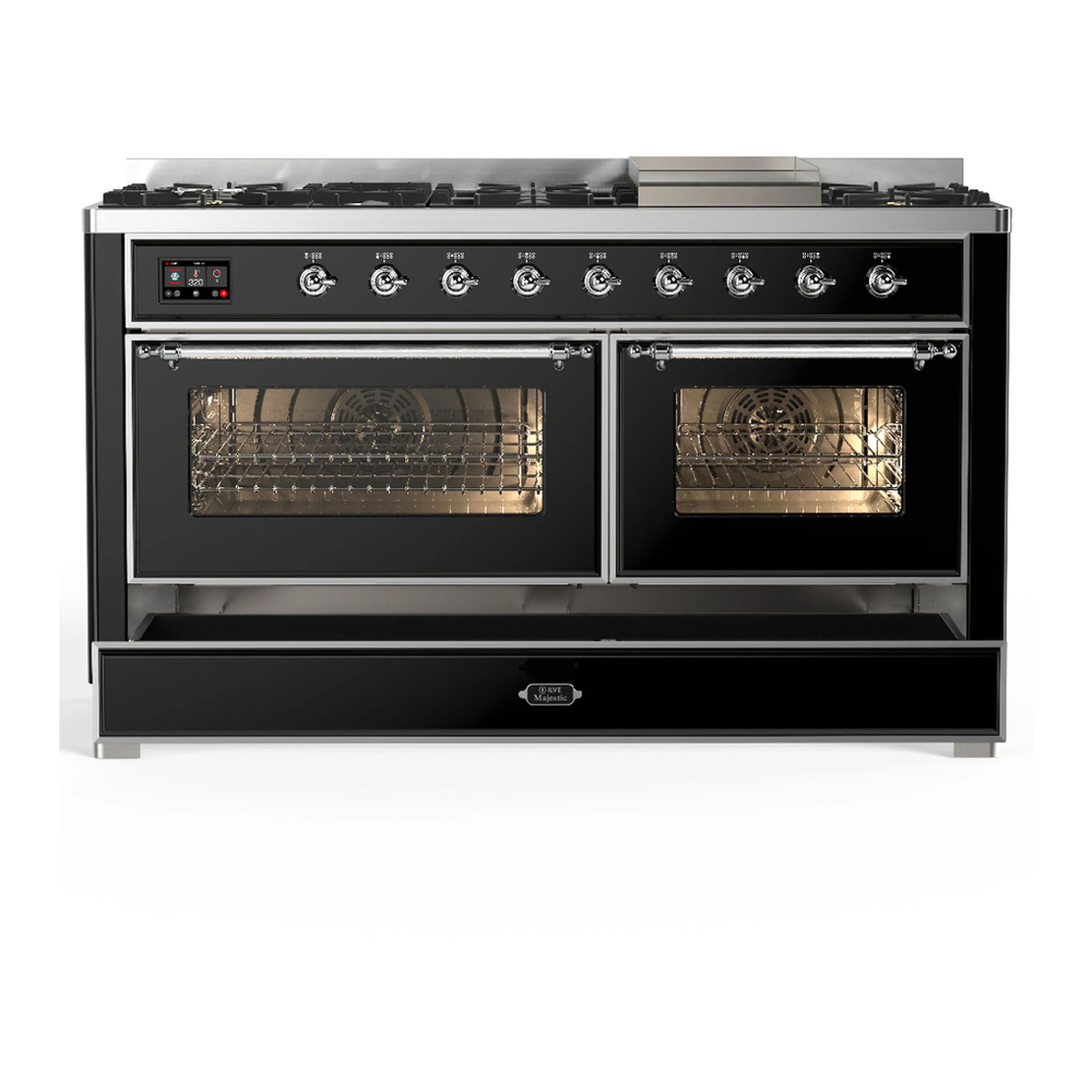 ILVE Majestic III 60-inch Dual Fuel Range with 5 Liquid Propane Burner, Griddle and Triple Glass Door Electric Oven in Glossy Black with Chrome Trim (UM60FNR3BKCLP) - Image 3