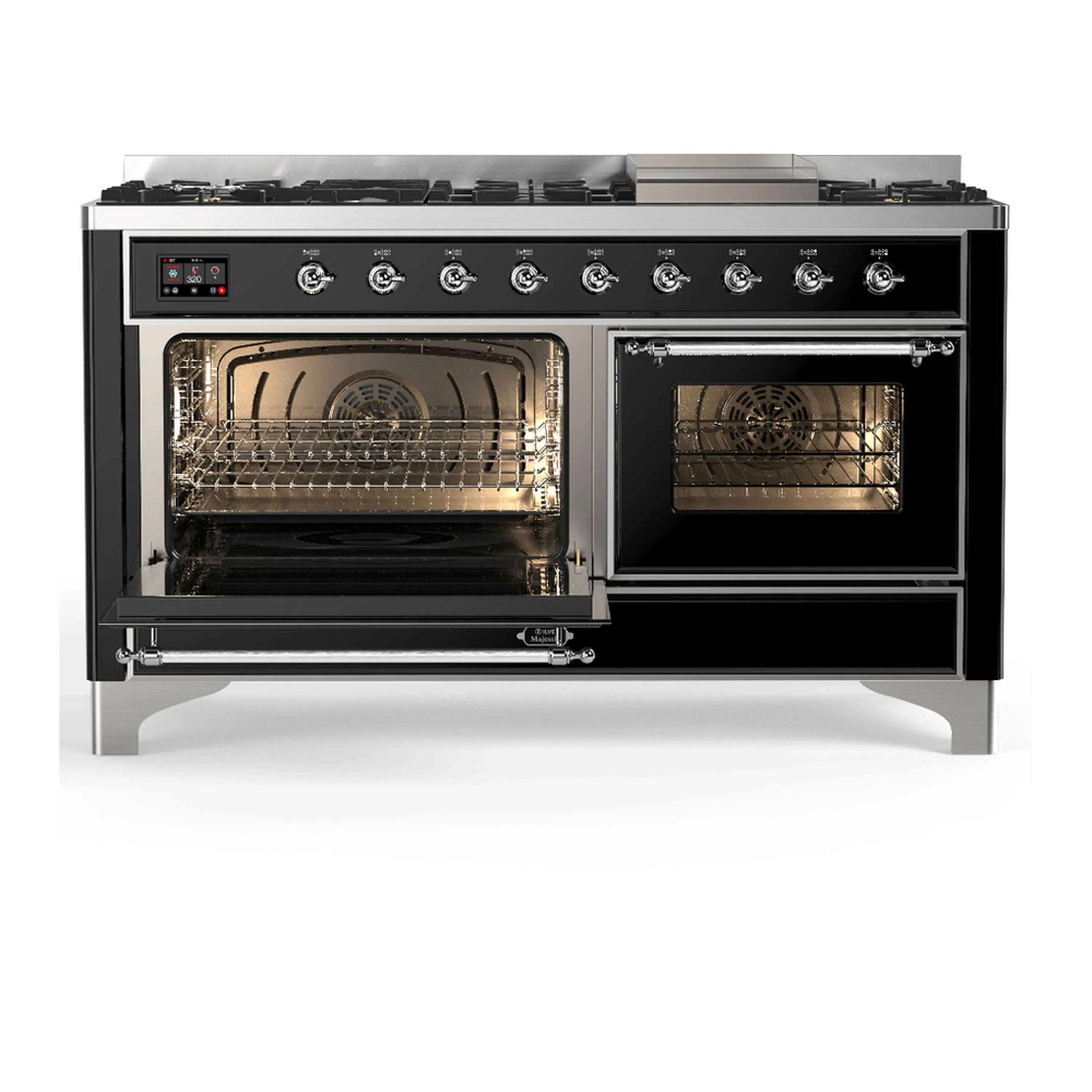 ILVE Majestic III 60-inch Dual Fuel Range with 5 Liquid Propane Burner, Griddle and Triple Glass Door Electric Oven in Glossy Black with Chrome Trim (UM60FNR3BKCLP) - Image 5