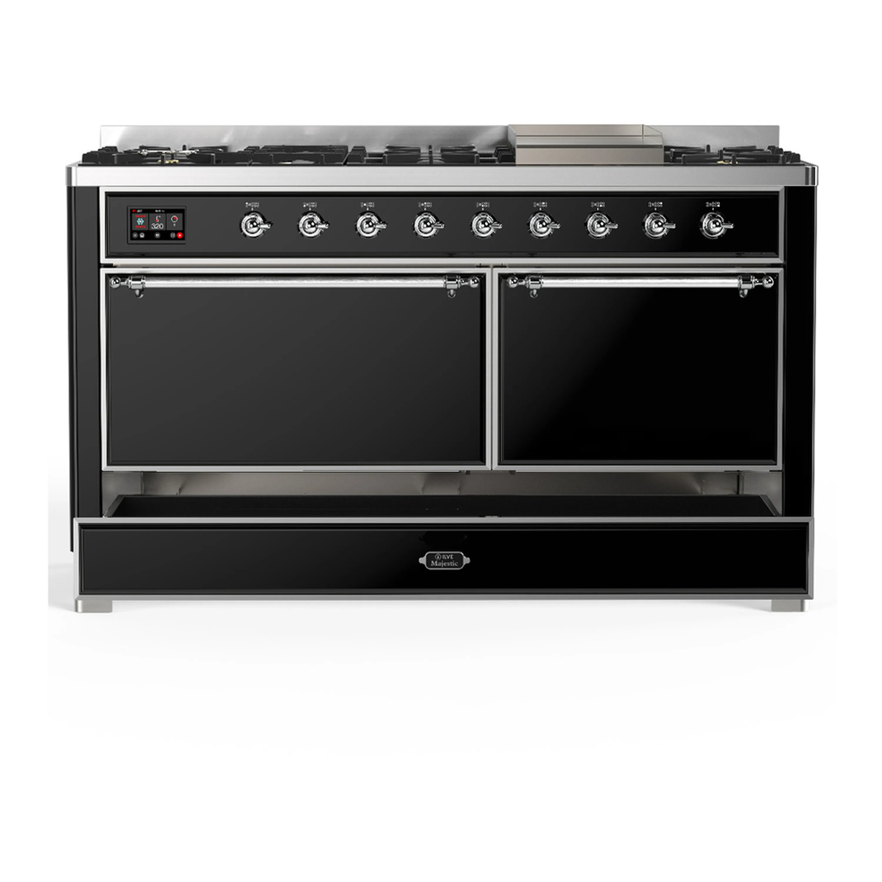 ILVE Majestic III 60-inch Dual Fuel Range with 7 Natural Gas Burner, Griddle and Solid Door Electric Oven in Glossy Black with Chrome Trim (UM60FQNR3BKC) - Image 3