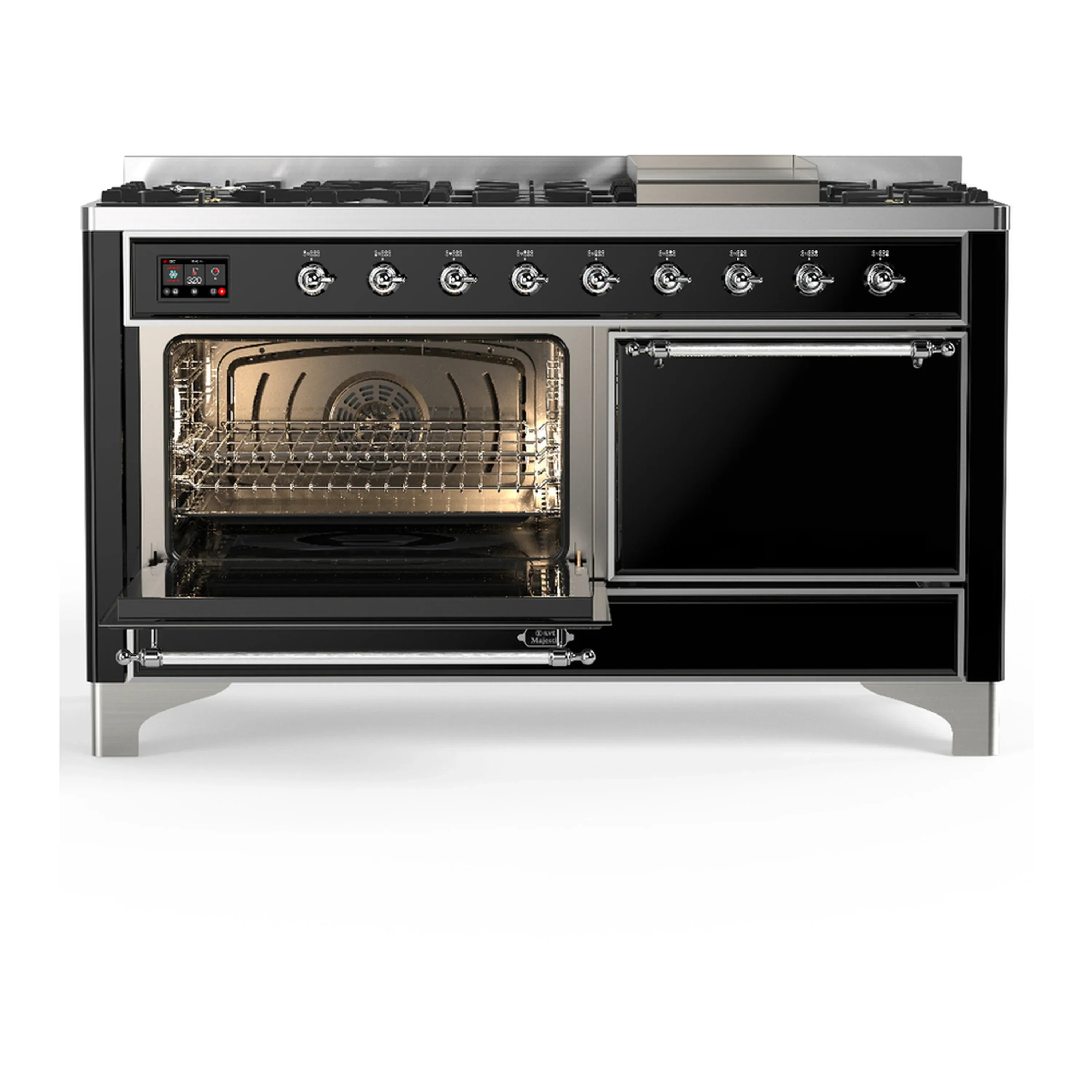 ILVE Majestic III 60-inch Dual Fuel Range with 7 Natural Gas Burner, Griddle and Solid Door Electric Oven in Glossy Black with Chrome Trim (UM60FQNR3BKC) - Image 5