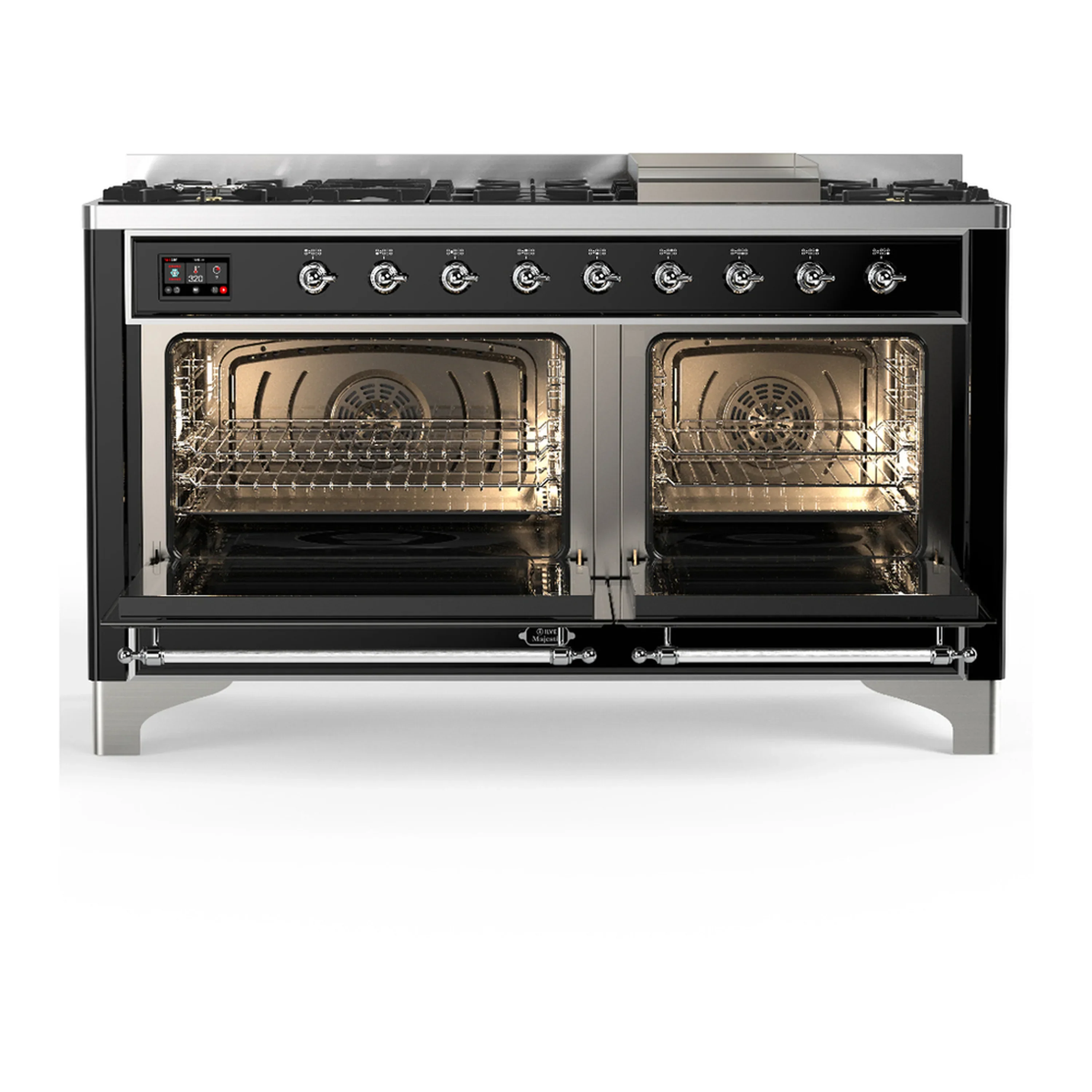 ILVE Majestic III 60-inch Dual Fuel Range with 7 Natural Gas Burner, Griddle and Solid Door Electric Oven in Glossy Black with Chrome Trim (UM60FQNR3BKC) - Image 6