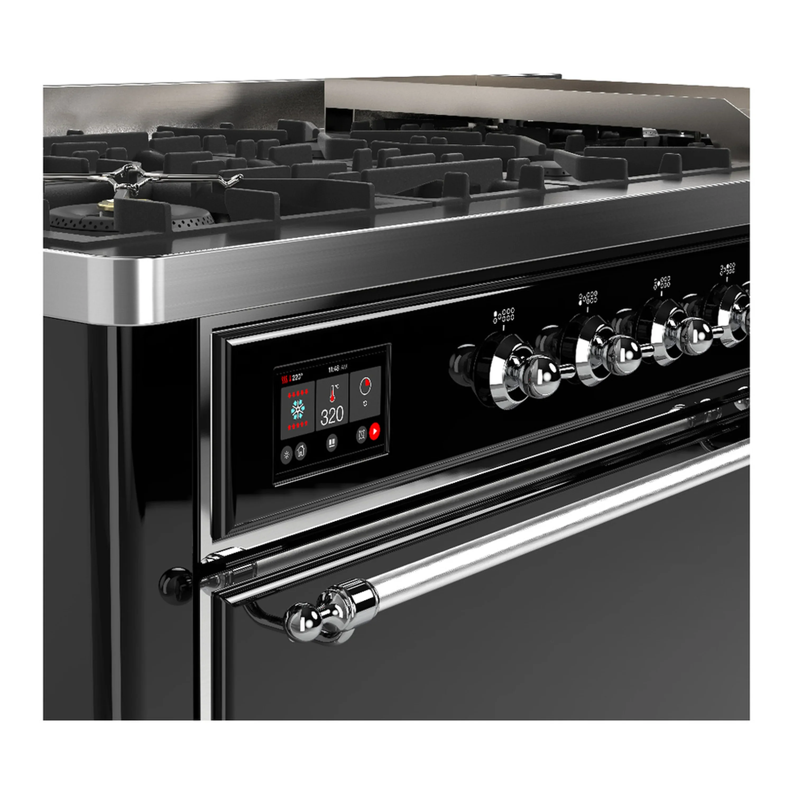ILVE Majestic III 60-inch Dual Fuel Range with 7 Natural Gas Burner, Griddle and Solid Door Electric Oven in Glossy Black with Chrome Trim (UM60FQNR3BKC) - Image 7