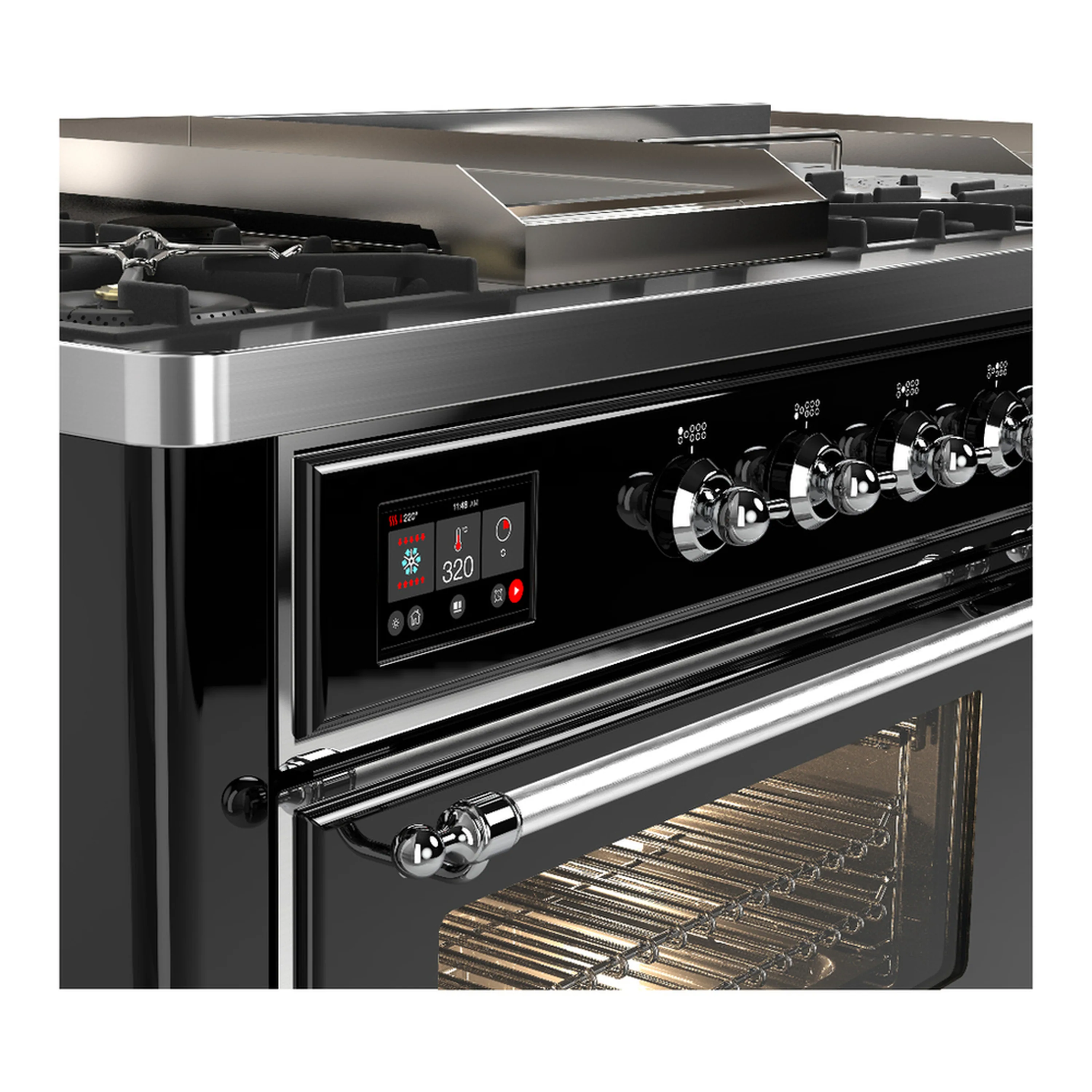 ILVE Majestic III 60-inch Dual Fuel Range with 7 Natural Gas Burner, Griddle, French Top and Triple Glass Door Electric Oven in Glossy Black with Chrome Trim (UM60FSNR3BKC) - Image 7