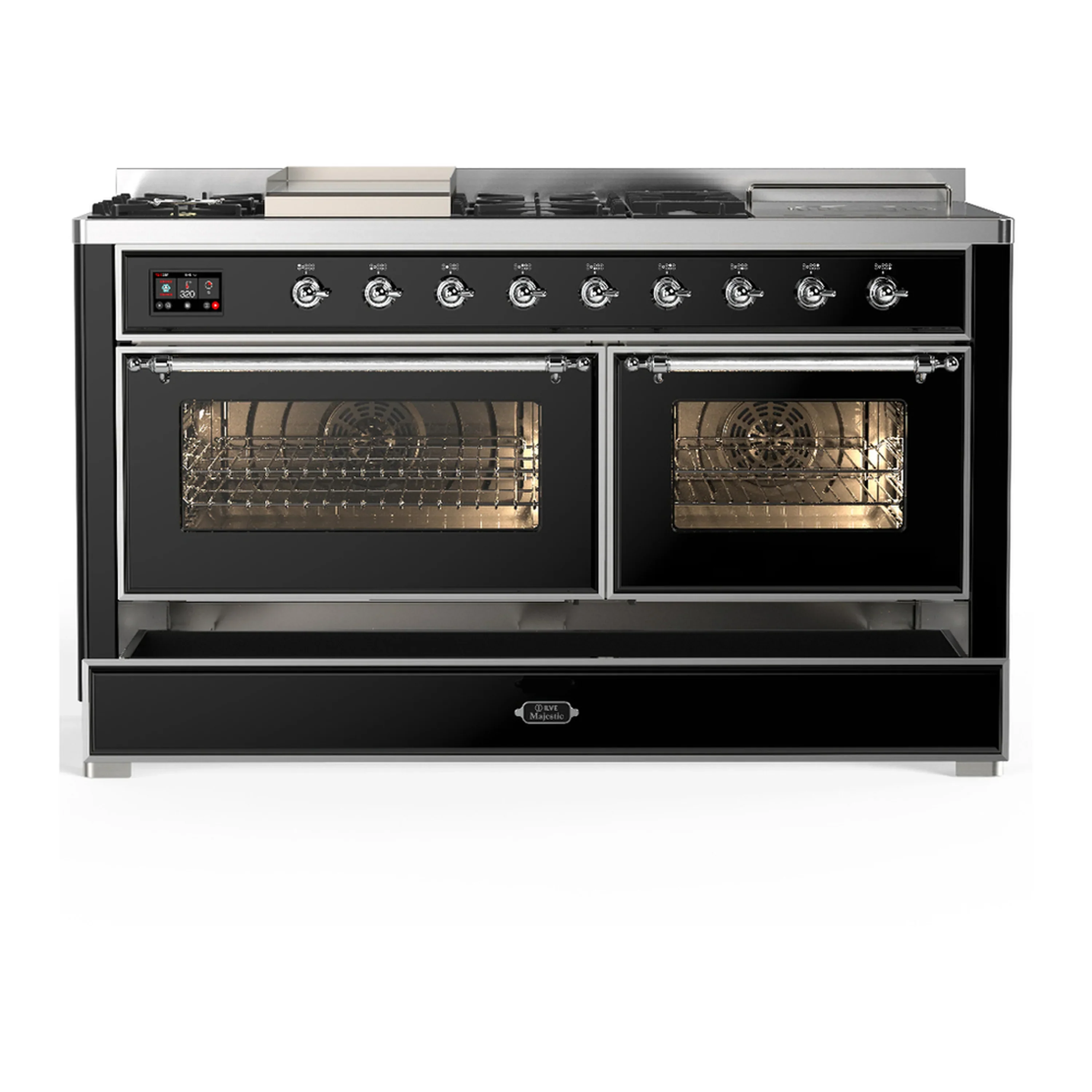 ILVE Majestic III 60-inch Dual Fuel Range with 5 Liquid Propane Burner, Griddle, French Top and Triple Glass Door Electric Oven in Glossy Black with Chrome Trim (UM60FSNR3BKCLP) - Image 3