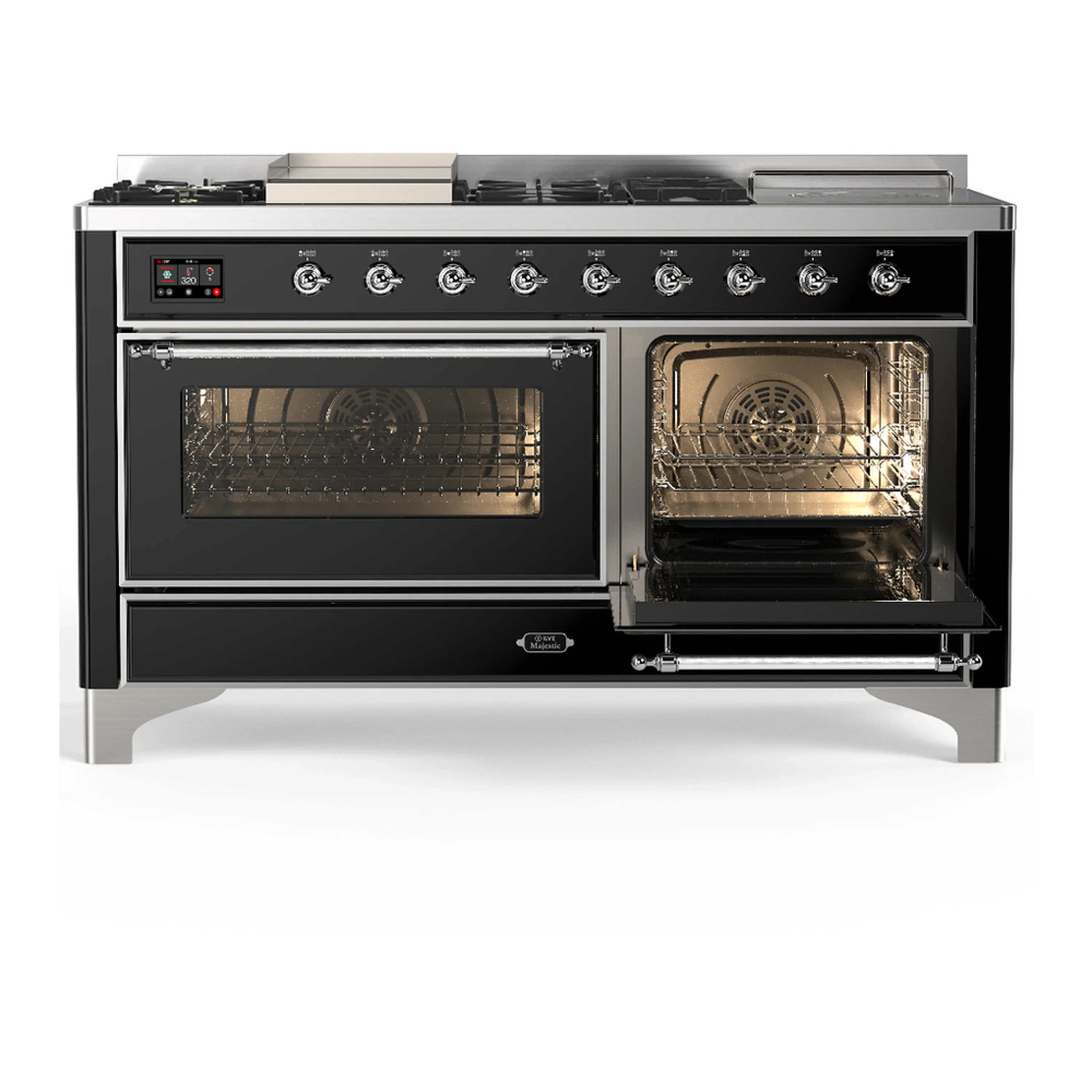 ILVE Majestic III 60-inch Dual Fuel Range with 5 Liquid Propane Burner, Griddle, French Top and Triple Glass Door Electric Oven in Glossy Black with Chrome Trim (UM60FSNR3BKCLP) - Image 4
