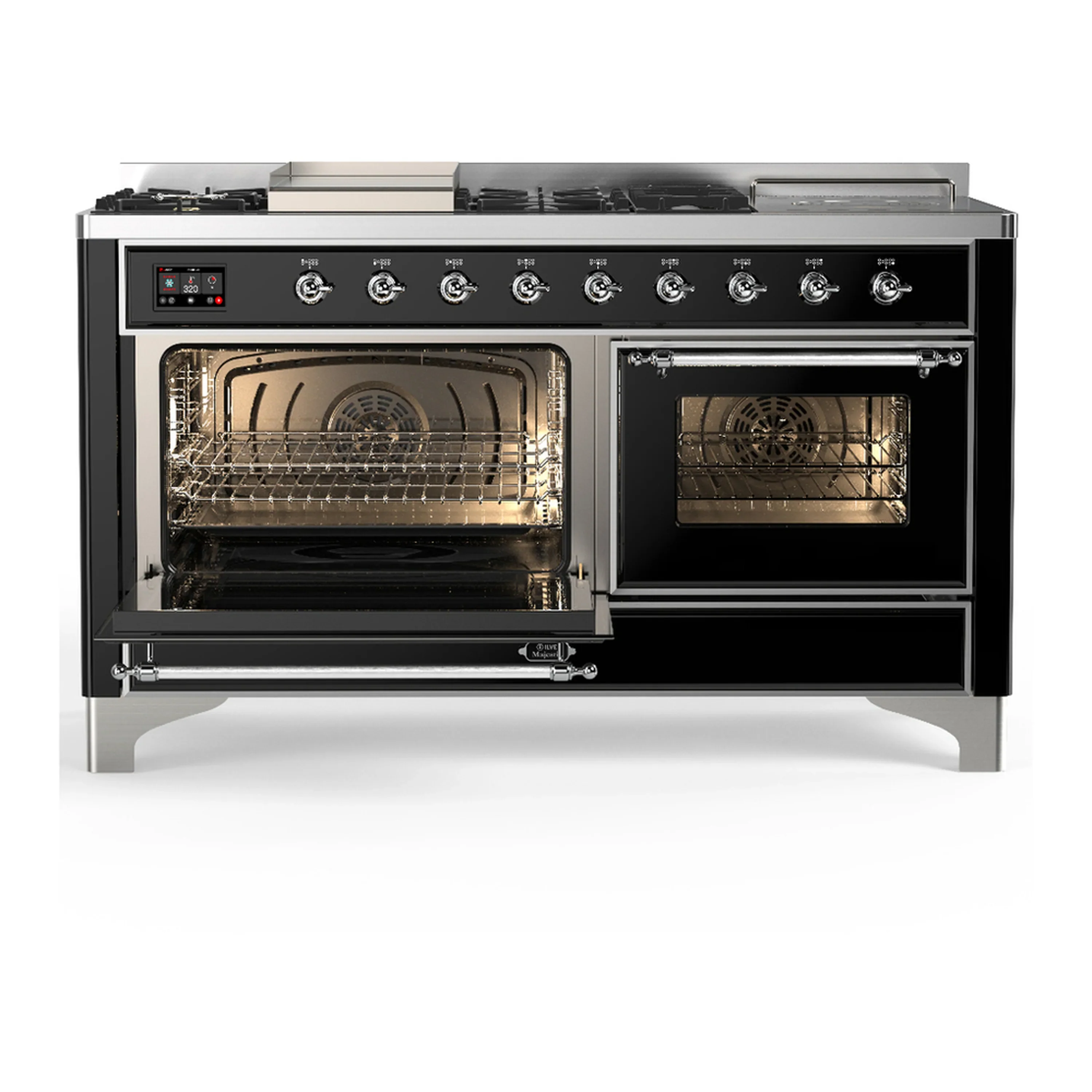ILVE Majestic III 60-inch Dual Fuel Range with 5 Liquid Propane Burner, Griddle, French Top and Triple Glass Door Electric Oven in Glossy Black with Chrome Trim (UM60FSNR3BKCLP) - Image 5
