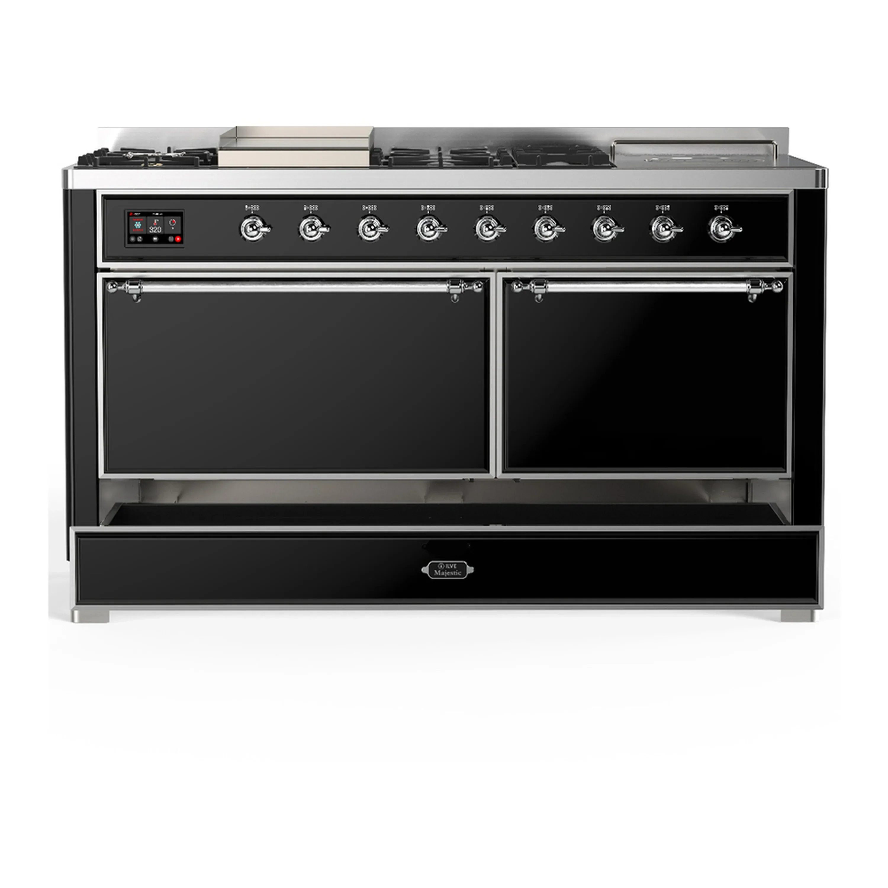 ILVE Majestic III 60-inch Dual Fuel Range with 7 Natural Gas Burner, Griddle, French Top and Solid Door Electric Oven in Glossy Black with Chrome Trim (UM60FSQNR3BKC) - Image 3