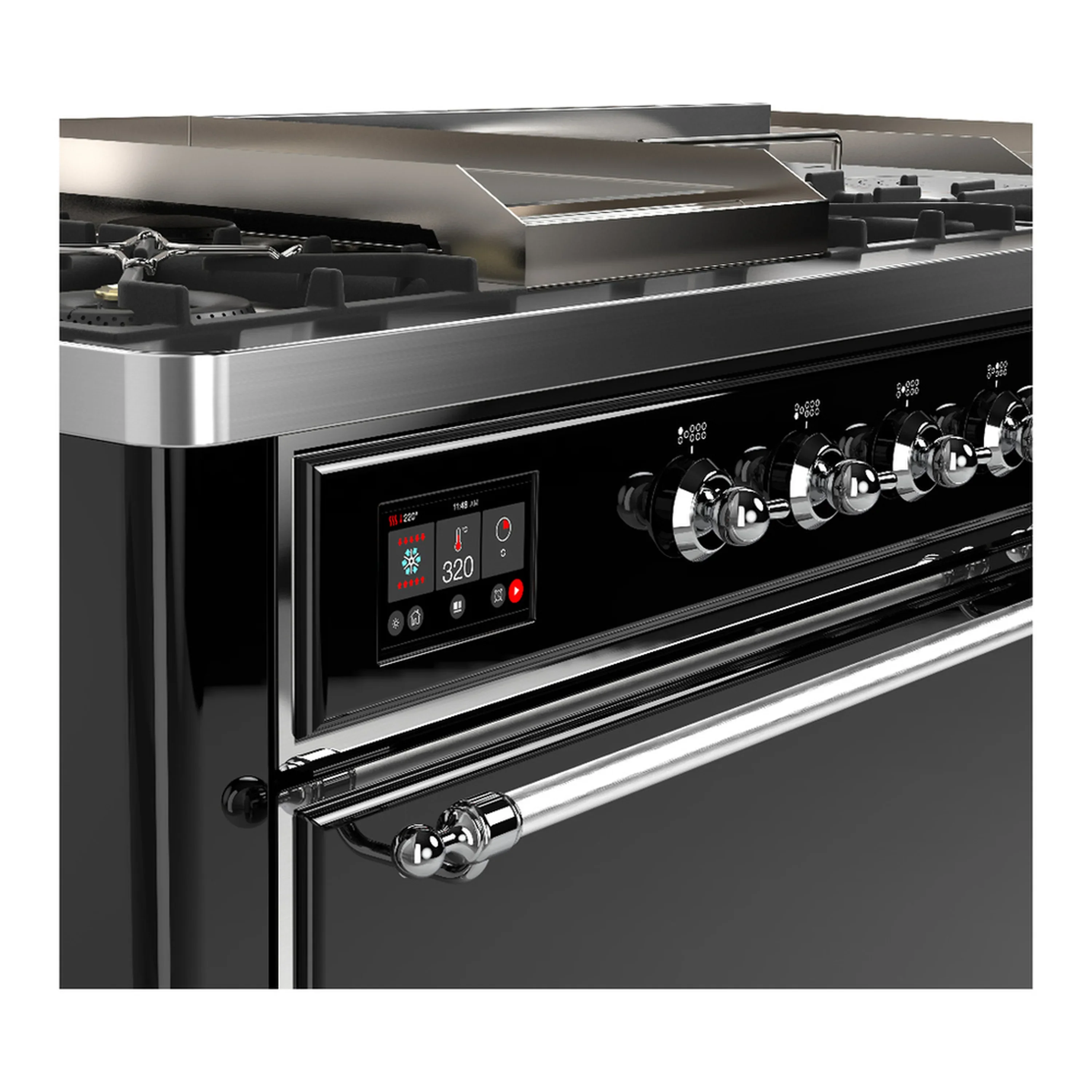ILVE Majestic III 60-inch Dual Fuel Range with 7 Natural Gas Burner, Griddle, French Top and Solid Door Electric Oven in Glossy Black with Chrome Trim (UM60FSQNR3BKC) - Image 7