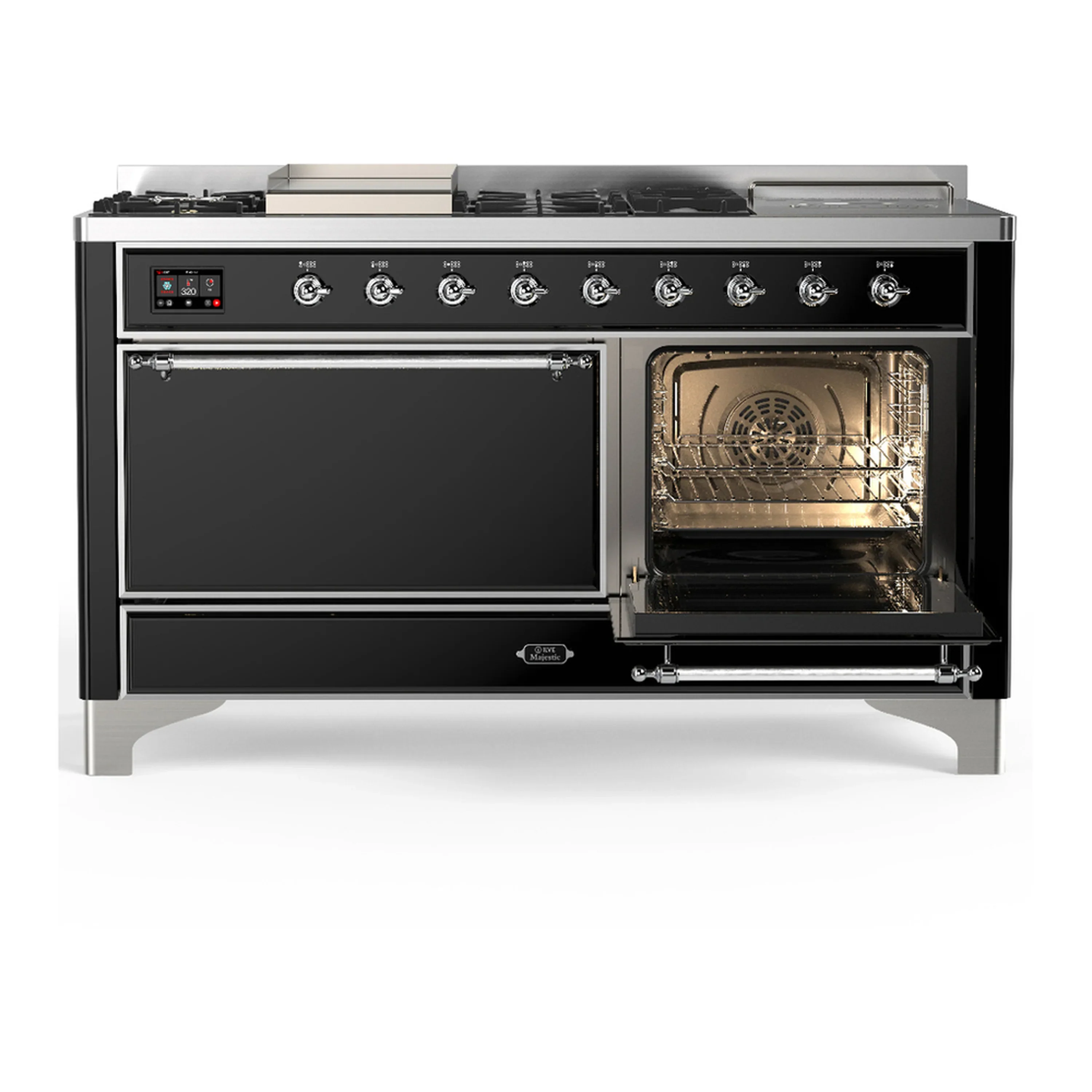 ILVE Majestic III 60-inch Dual Fuel Range with 5 Liquid Propane Burner, Griddle, French Top and Solid Door Electric Oven in Glossy Black with Chrome Trim (UM60FSQNR3BKCLP) - Image 4