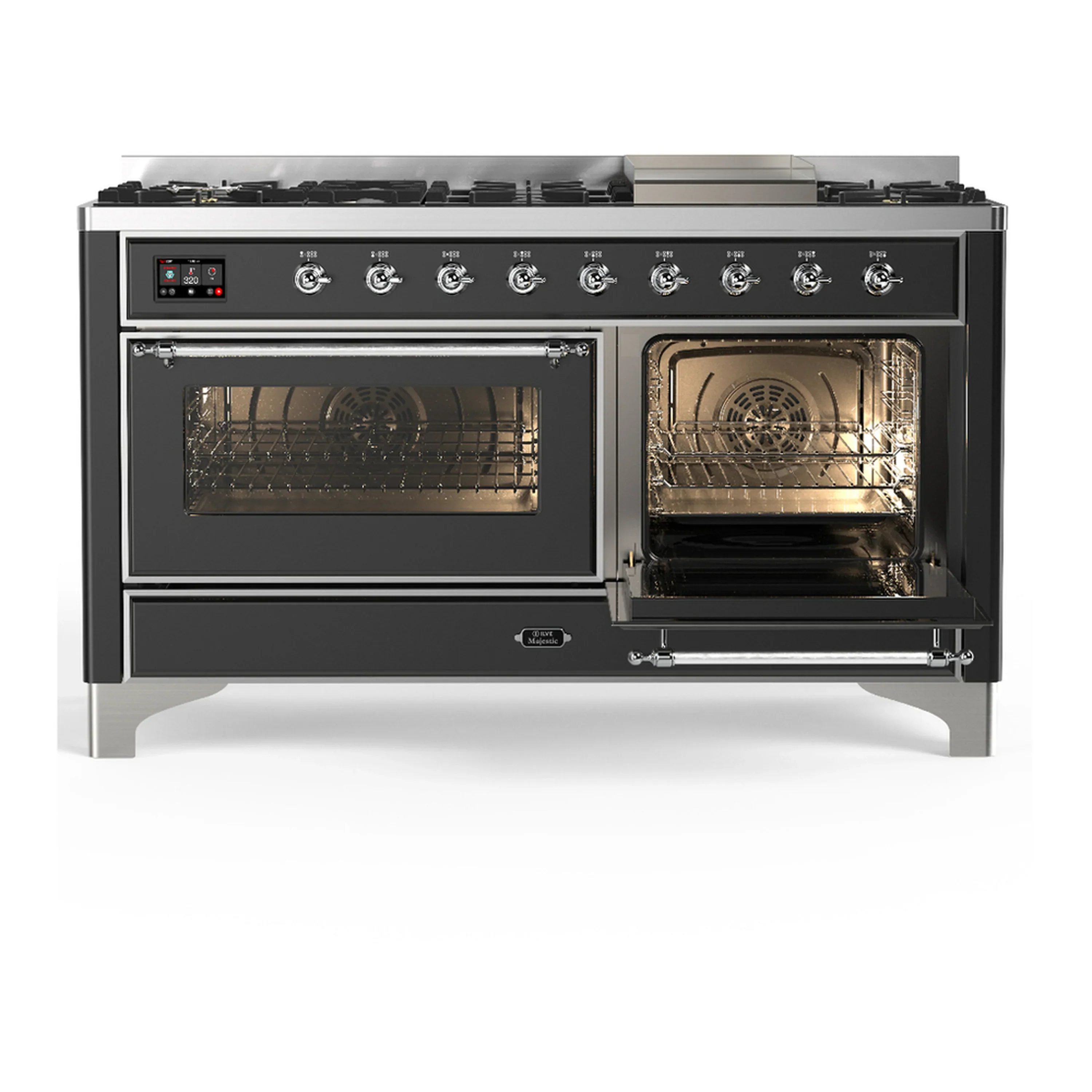 ILVE Majestic III 60-inch Dual Fuel Range with 7 Natural Gas Burner, Griddle and Triple Glass Door Electric Oven in Graphite Matte with Chrome Trim (UM60FNR3MGC) - Image 4