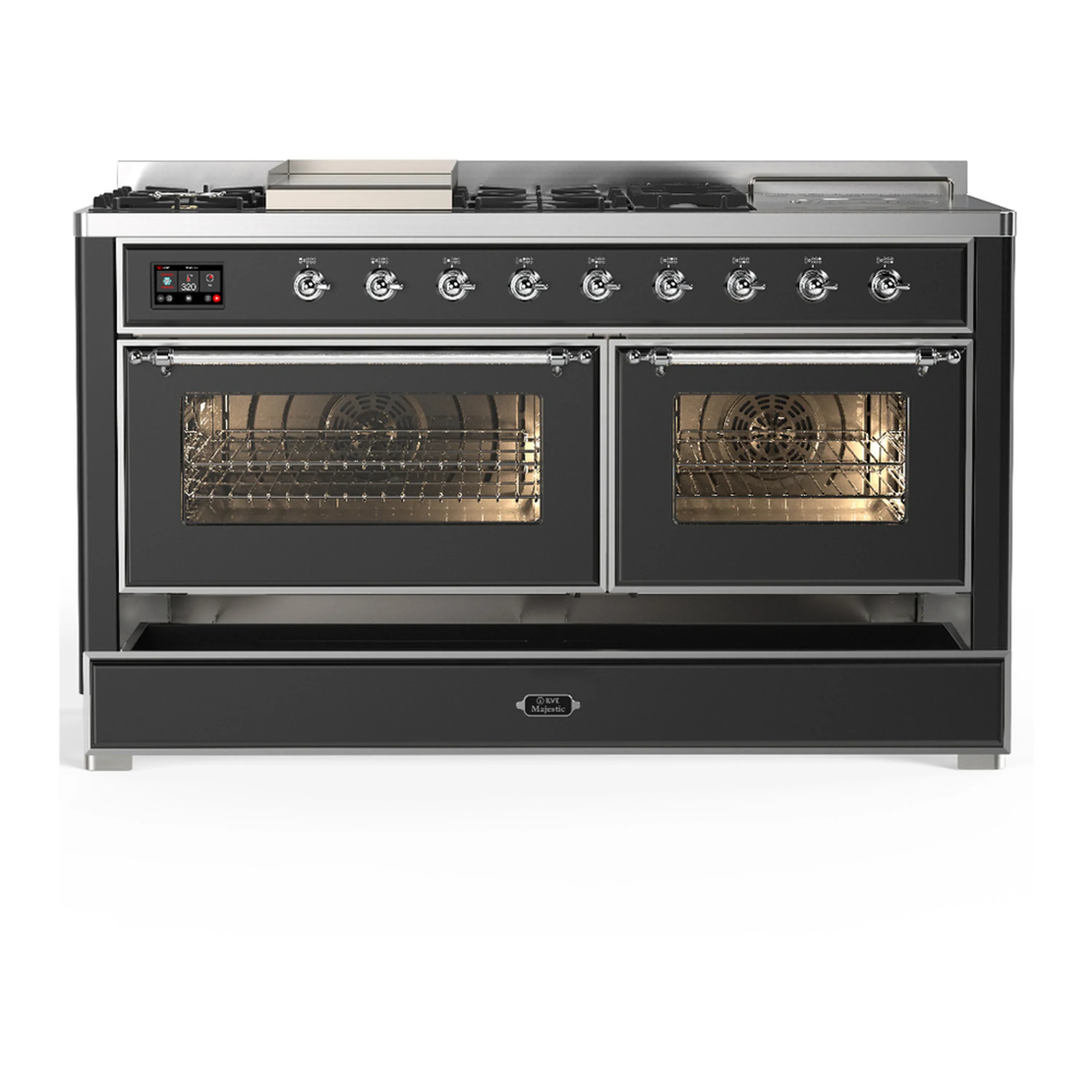 ILVE Majestic III 60-inch Dual Fuel Range with 7 Natural Gas Burner, Griddle, French Top and Triple Glass Door Electric Oven in Graphite Matte with Chrome Trim (UM60FSNR3MGC) - Image 3