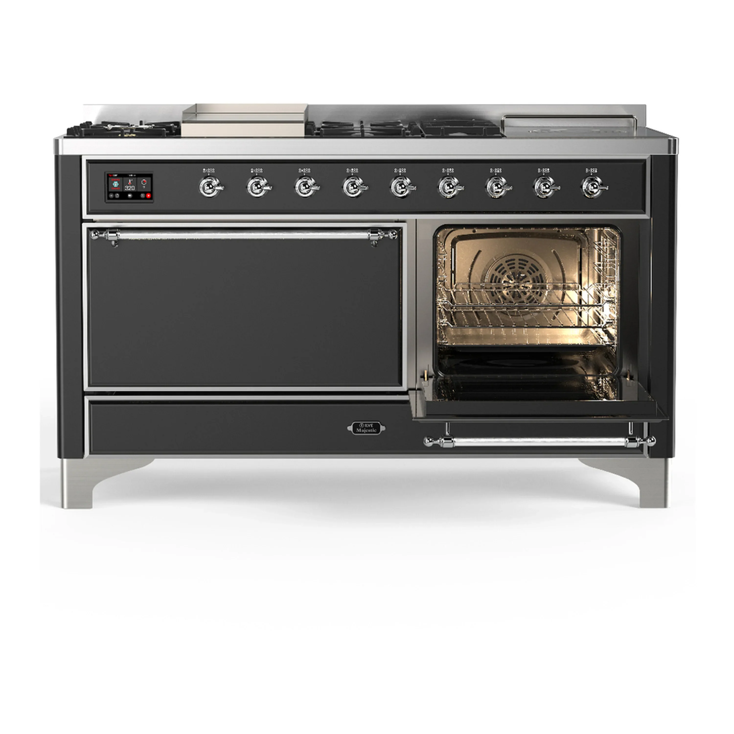 ILVE Majestic III 60-inch Dual Fuel Range with 5 Liquid Propane Burner, Griddle, French Top and Solid Door Electric Oven in Graphite Matte with Chrome Trim (UM60FSQNR3MGCLP) - Image 4