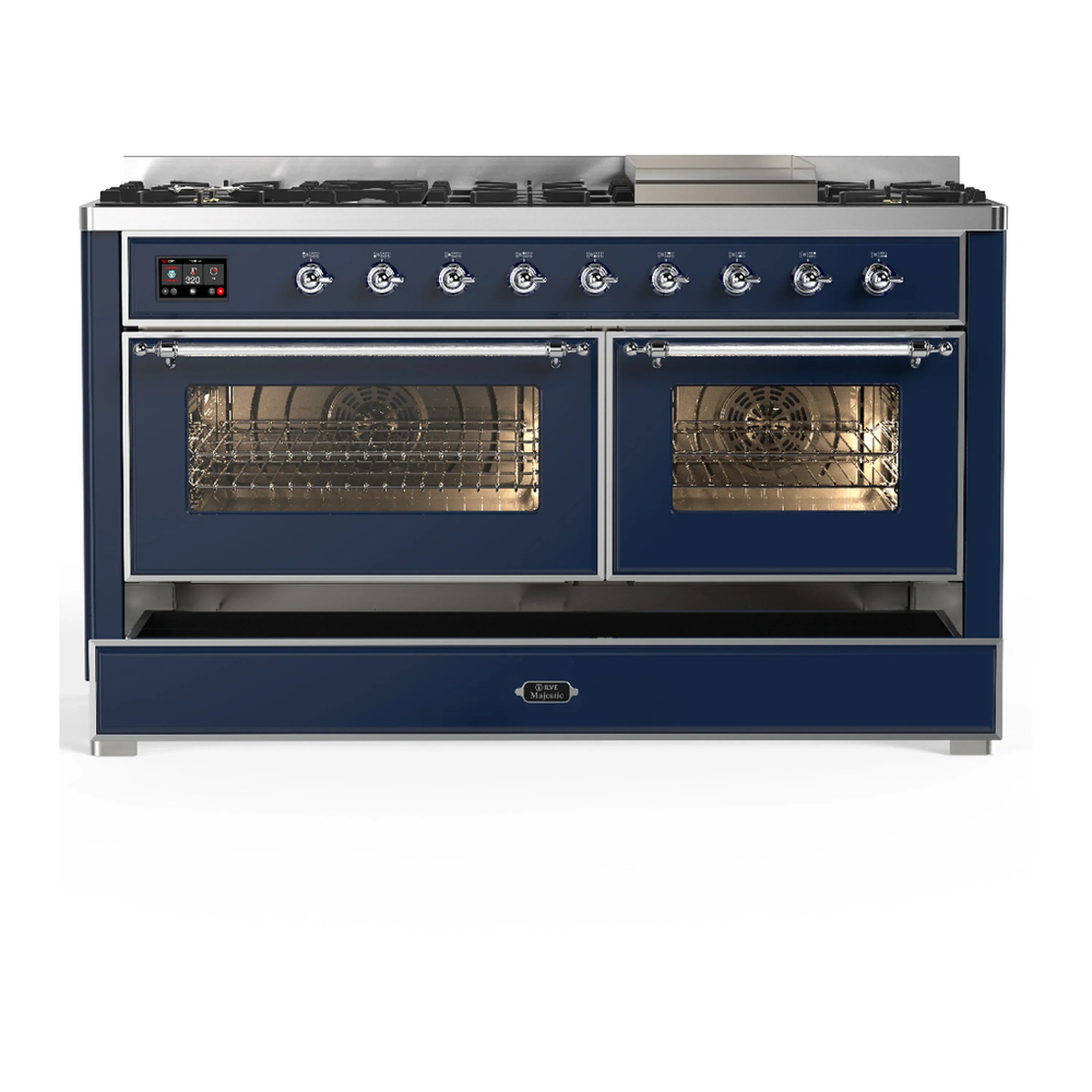 ILVE Majestic III 60-inch Dual Fuel Range with 7 Natural Gas Burner, Griddle and Triple Glass Door Electric Oven in Midnight Blue with Chrome Trim (UM60FNR3MBC) - Image 3