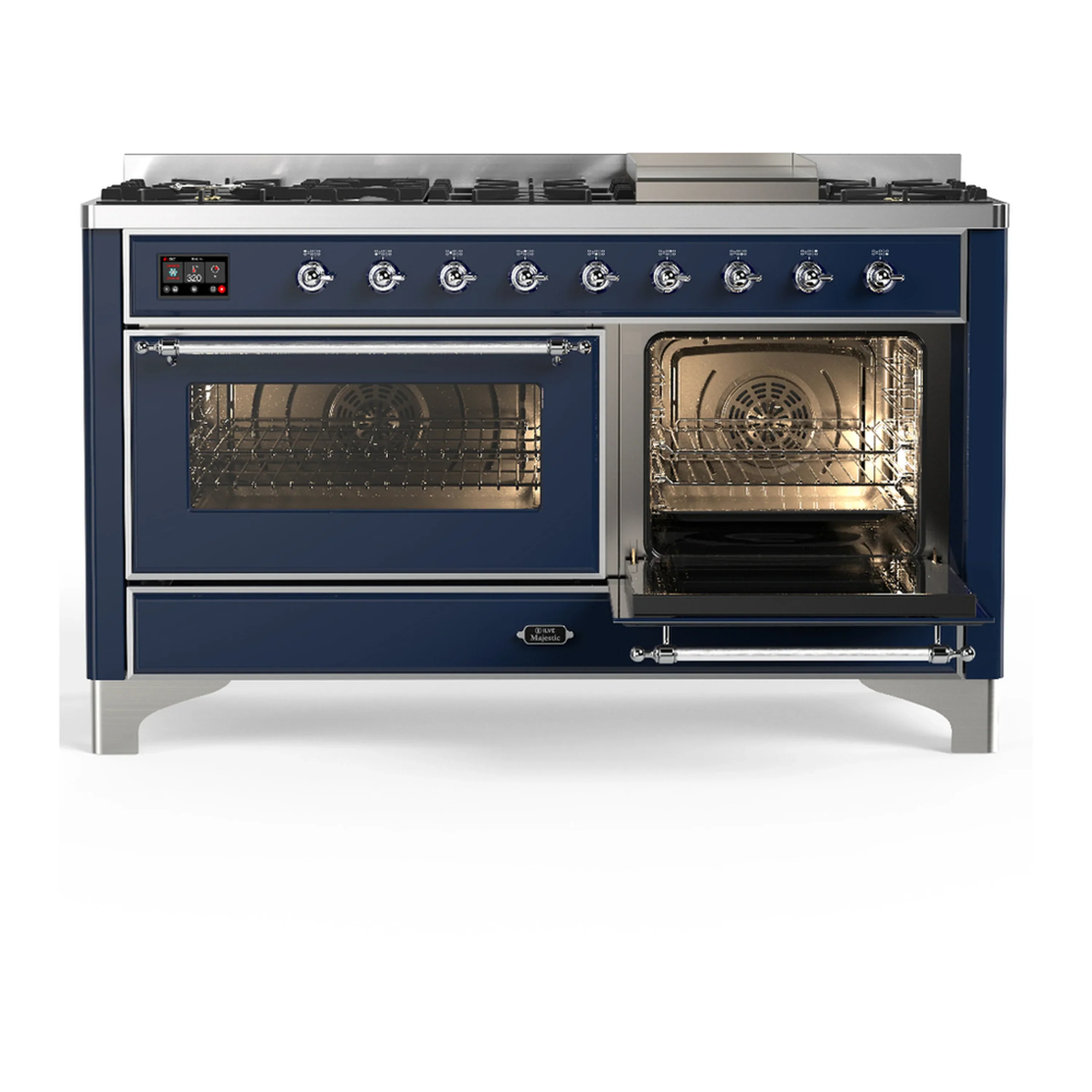 ILVE Majestic III 60-inch Dual Fuel Range with 7 Natural Gas Burner, Griddle and Triple Glass Door Electric Oven in Midnight Blue with Chrome Trim (UM60FNR3MBC) - Image 4