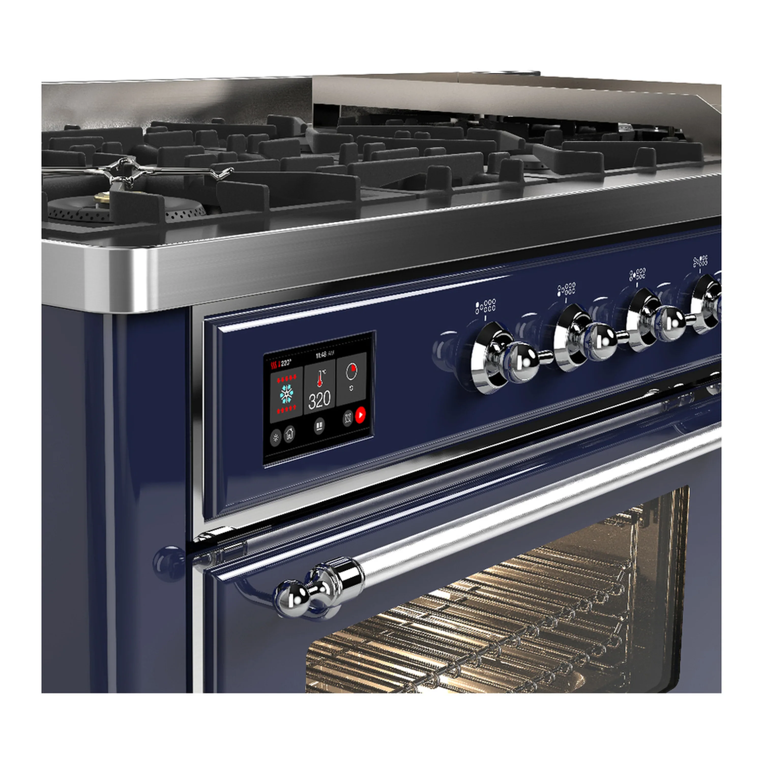 ILVE Majestic III 60-inch Dual Fuel Range with 7 Natural Gas Burner, Griddle and Triple Glass Door Electric Oven in Midnight Blue with Chrome Trim (UM60FNR3MBC) - Image 7