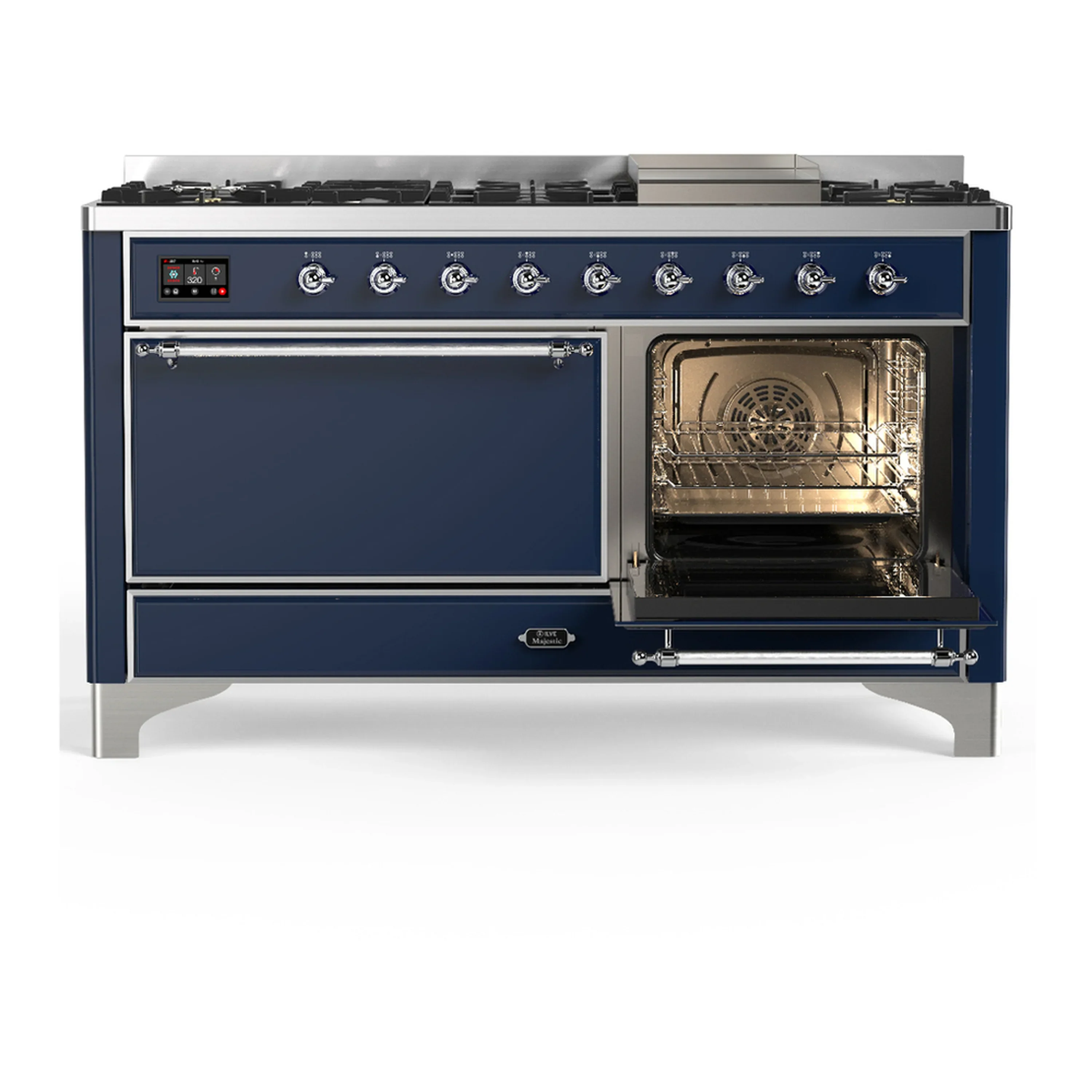 ILVE Majestic III 60-inch Dual Fuel Range with 5 Liquid Propane Burner, Griddle and Solid Door Electric Oven in Midnight Blue with Chrome Trim (UM60FQNR3MBCLP) - Image 4